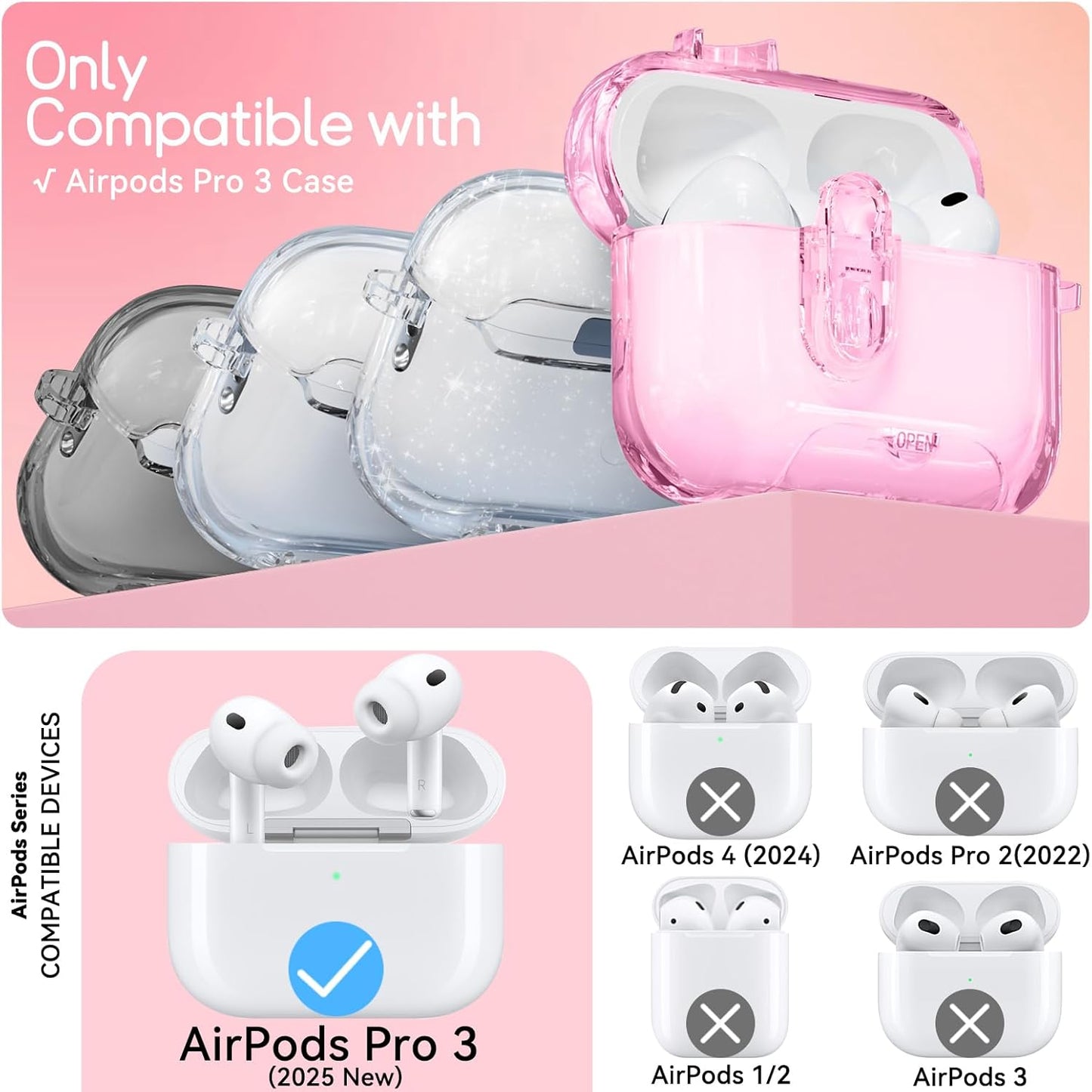 with Safety Lock for AirPods Pro 3 Case 2025,Clear Cases with Phone Stand & Cleaning Kit,Soft TPU Cover for Airpods Pro 3rd Generation Case,Cute Bling Keychain for Women Girls-Glitter Pink