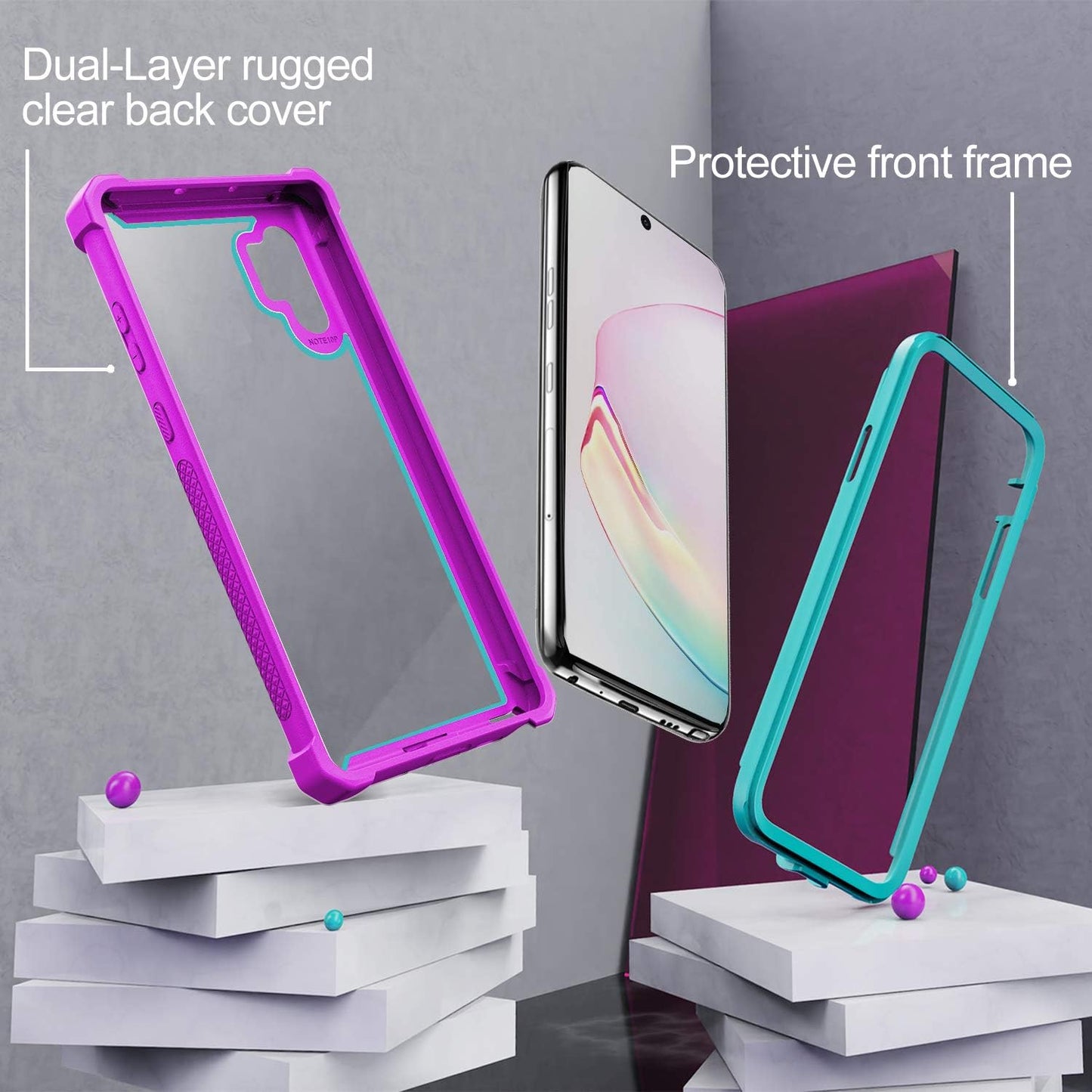 Case for Samsung Galaxy Note 10 Plus Case With Screen Protector, Full Body Protective Hybrid Dual layer Shockproof Acrylic Back Case Cover for Galaxy Note 10 Plus 5G 6.8 inch (Purple Light Blue)