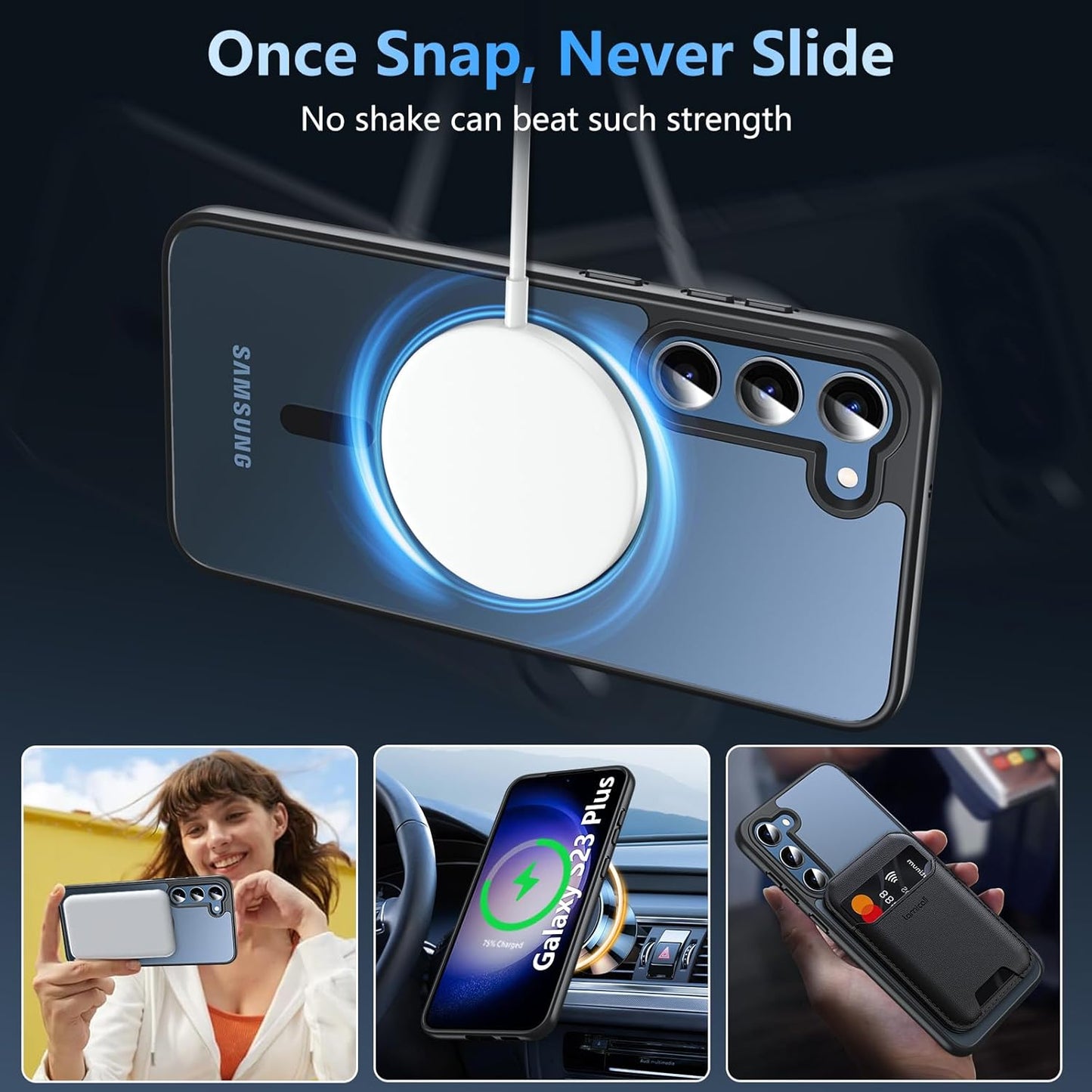 OWKEY Bumper Cover for Samsung Galaxy S23 Plus Black | 6.6'', Translucent, Slim, Magsafe Compatible, Military Grade Shockproof