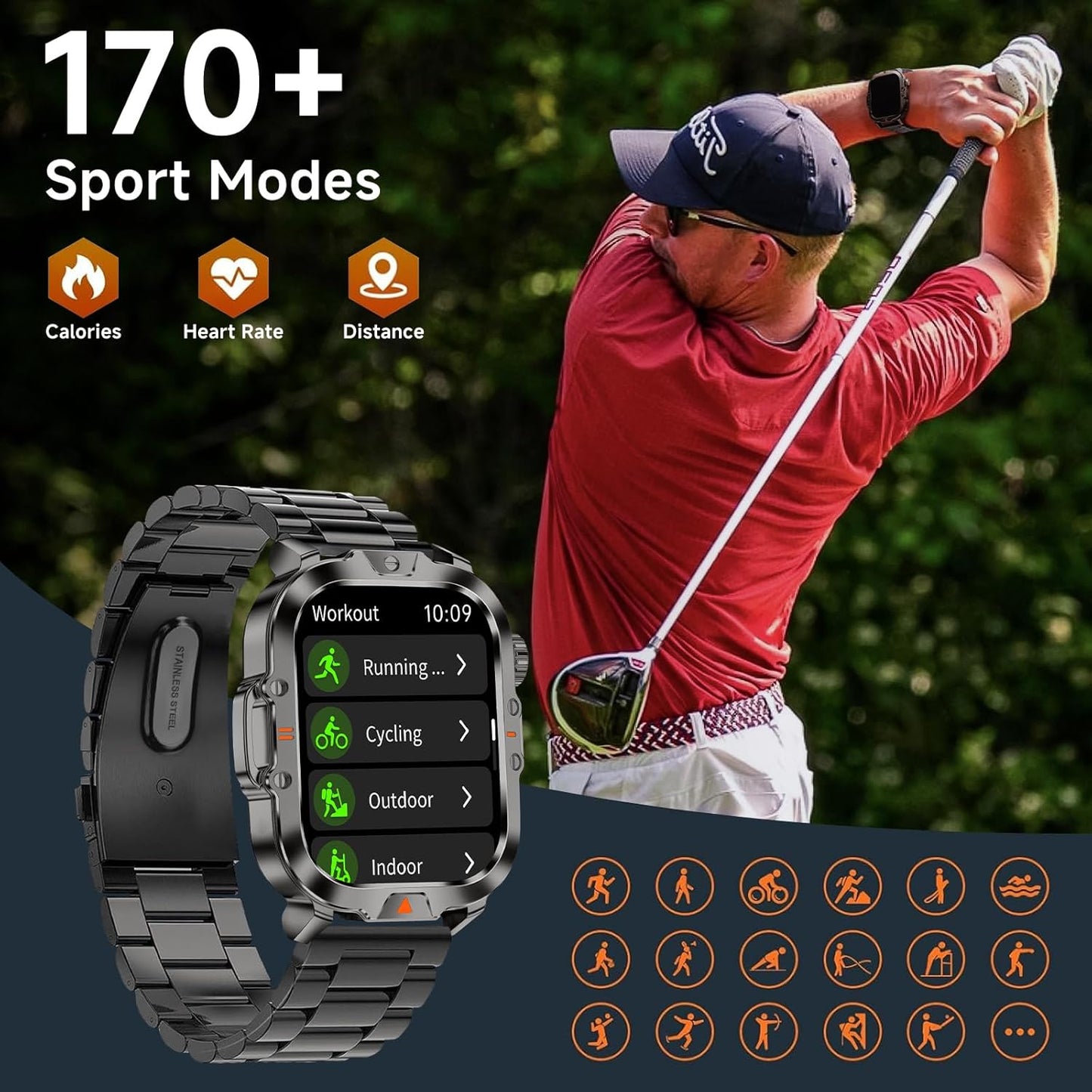 Smart Watch for Men Military Answer/Make Call 2.01″ Display 170+ Sports Modes Fitness Smart Watch IP68 Waterproof 30 Days Standby Smartwatch for Android iOS Black (2 Straps)