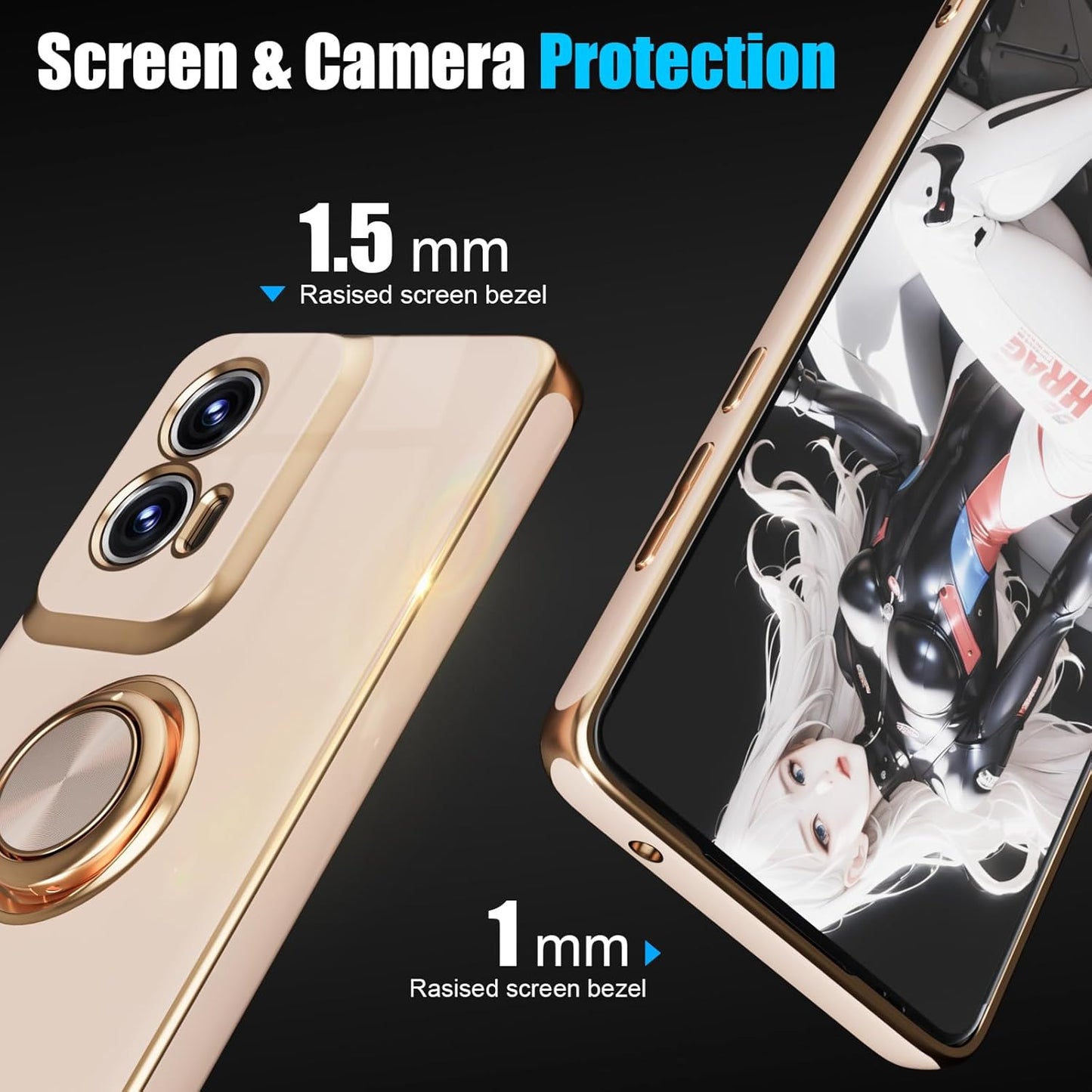 for Moto G Stylus 5G 2024 Case,with Screen Protector, Built-in 360° Rotation Ring Magnetic Kickstand, Plating Gold Edge Soft TPU Shockproof Protective Case for Moto G Stylus 5G 2024 (Pink)