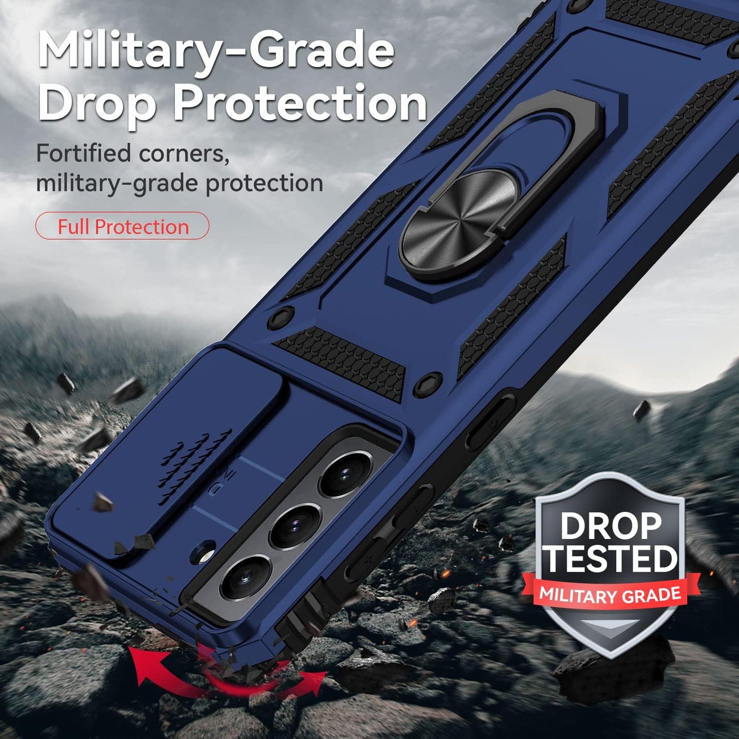 for Samsung Galaxy S21 FE 5G Case with Camera Lens Cover HD Screen Protector, Military-Grade Drop Tested Magnetic Ring Holder Kickstand Protective Phone Case for Samsung Galaxy S21 FE 5G (Navy Blue)