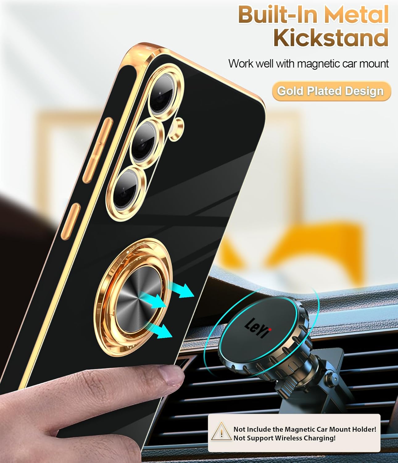LeYi for Samsung Galaxy S24-FE Case: with 2 Pack Tempered Glass Screen Protector and 360° Rotatable Ring Holder Magnetic Kickstand, Plating Rose Gold Edge Funda para Galaxy S24FE 5G Case, Black