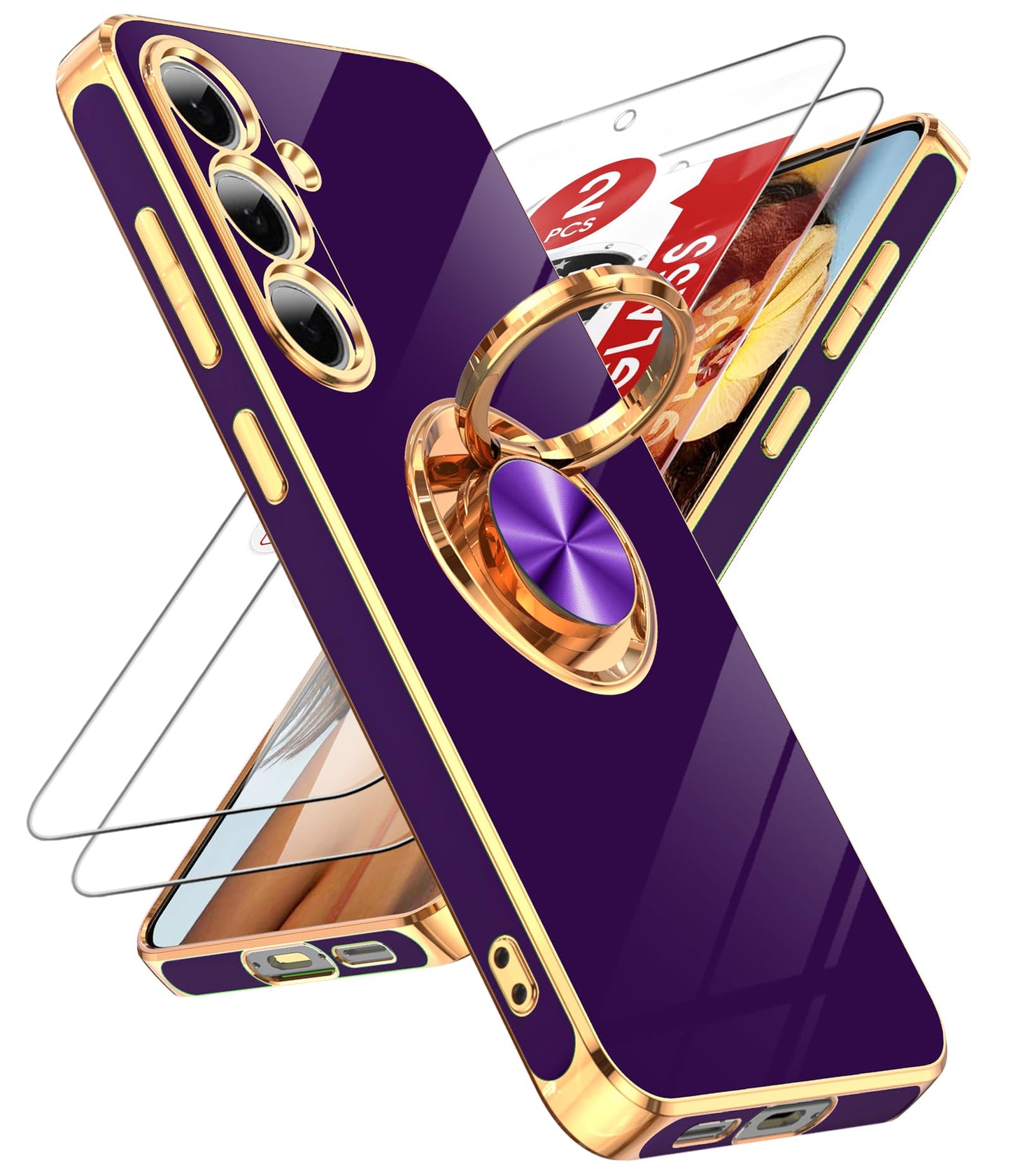 LeYi for Samsung Galaxy S24-FE Case: with 2 Pack Tempered Glass Screen Protector and 360° Rotatable Ring Holder Magnetic Kickstand, Plating Rose Gold Edge Funda para Galaxy S24FE 5G Case, Black