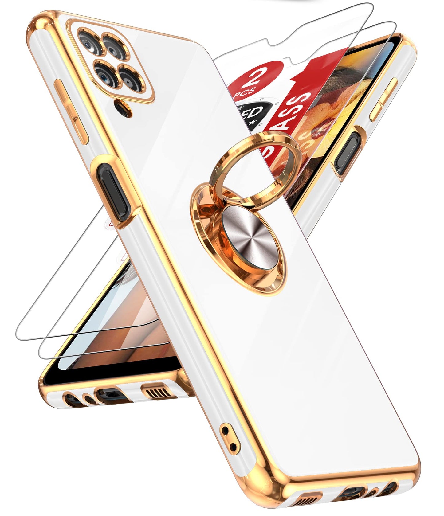 LeYi for Samsung Galaxy A13-5G Phone Case: Tempered Glass Screen Protector, 360° Rotatable Ring Holder Magnetic Kickstand, Plating Rose Gold Edge Protective Case, Black