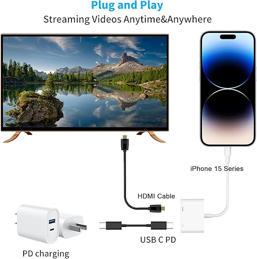 USB C to HDMI Digital AV Adapter for Iphone 16 15,1080P Video & Audio Sync Screen Converter AV Adapter with Charging Port for Iphone 16/16 Plus/16 Pro/16 Pro Max/15/15 Plus,S23,Xps 17,Surface Book 3