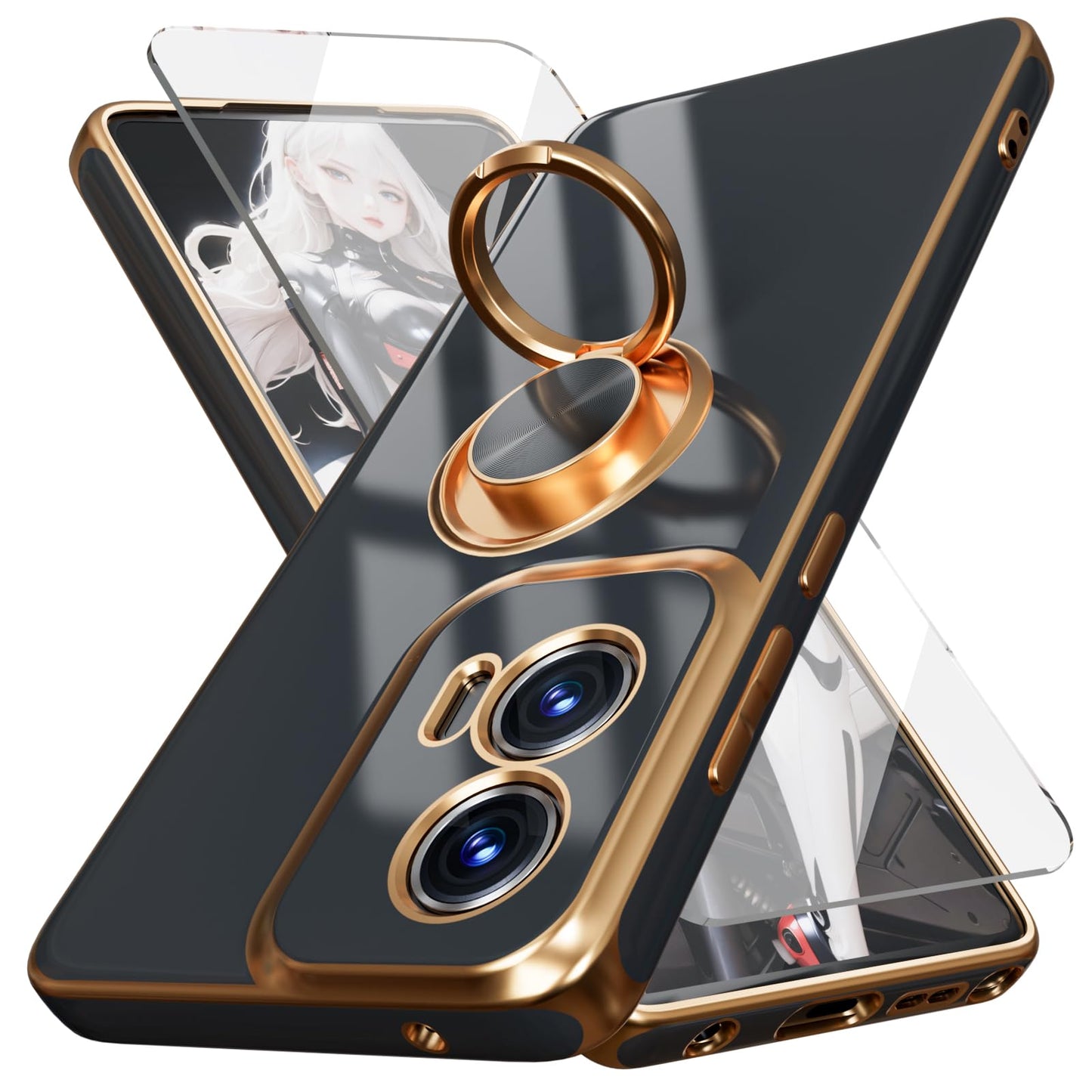 for Moto G Stylus 5G 2024 Case,with Screen Protector, Built-in 360° Rotation Ring Magnetic Kickstand, Plating Gold Edge Soft TPU Shockproof Protective Case for Moto G Stylus 5G 2024 (Pink)