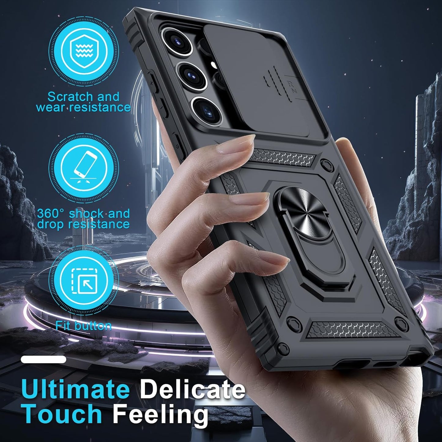 Compatible with Samsung Galaxy S25 Ultra Case Built in Slide Camera Lens Cover+Screen Protector+Finger Ring Holder Kickstand,Heavy Duty Shockproof Full Body Phone Cover,2025 Black