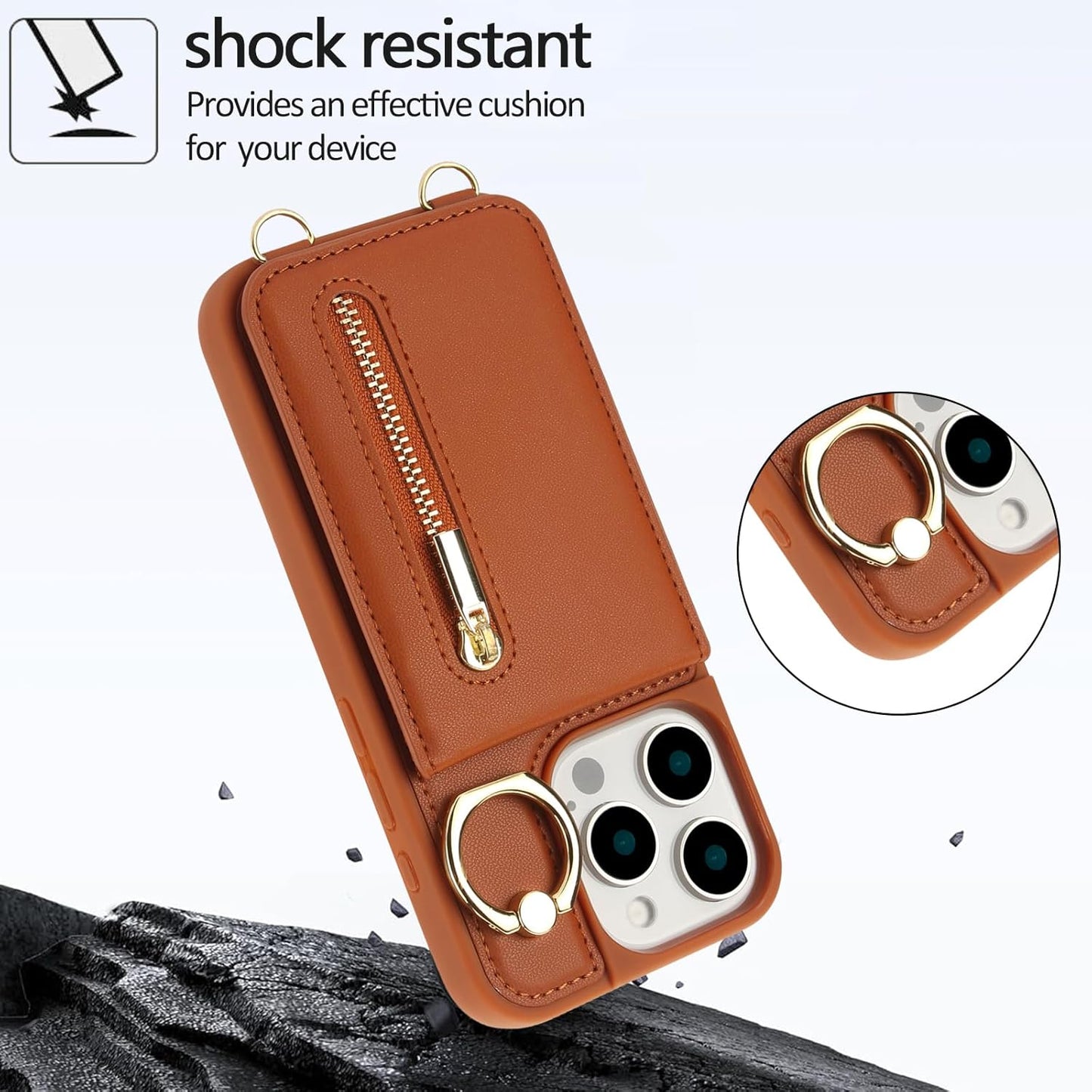 Crossbody Wallet Case for Iphone 16 Pro Max, with Card Slots Zipper Pocket Case, Flip Folio Purse RFID Blocking with Ring Kickstand Detachable Strap-Brown