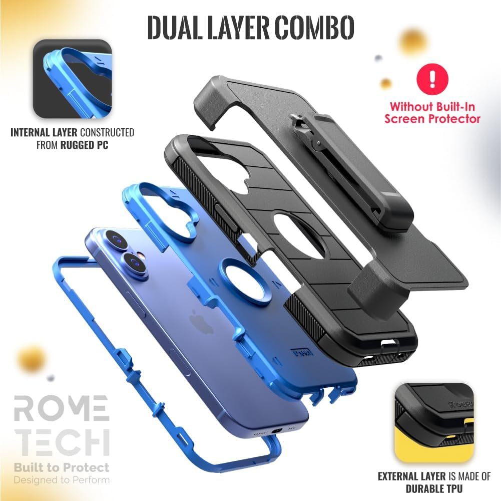 For Iphone 16 Case with Belt Clip Holster & Kickstand, Screenless Protective Dual-Layer Shockproof Iphone 16 Defender Case - Black & Blue