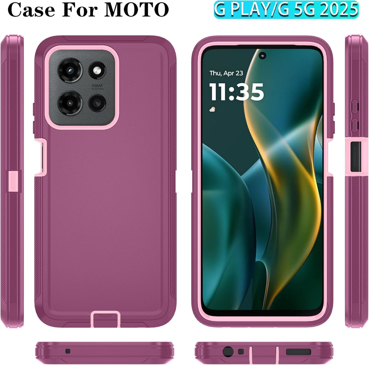 Qinmay Phone Case for Motorola Moto G 5G 2025/Moto G Play 5G 2025 Case with HD Screen Protector, Heavy Duty Shockproof & Dropproof 3-Layer Cover Phone Case,WineRedPink