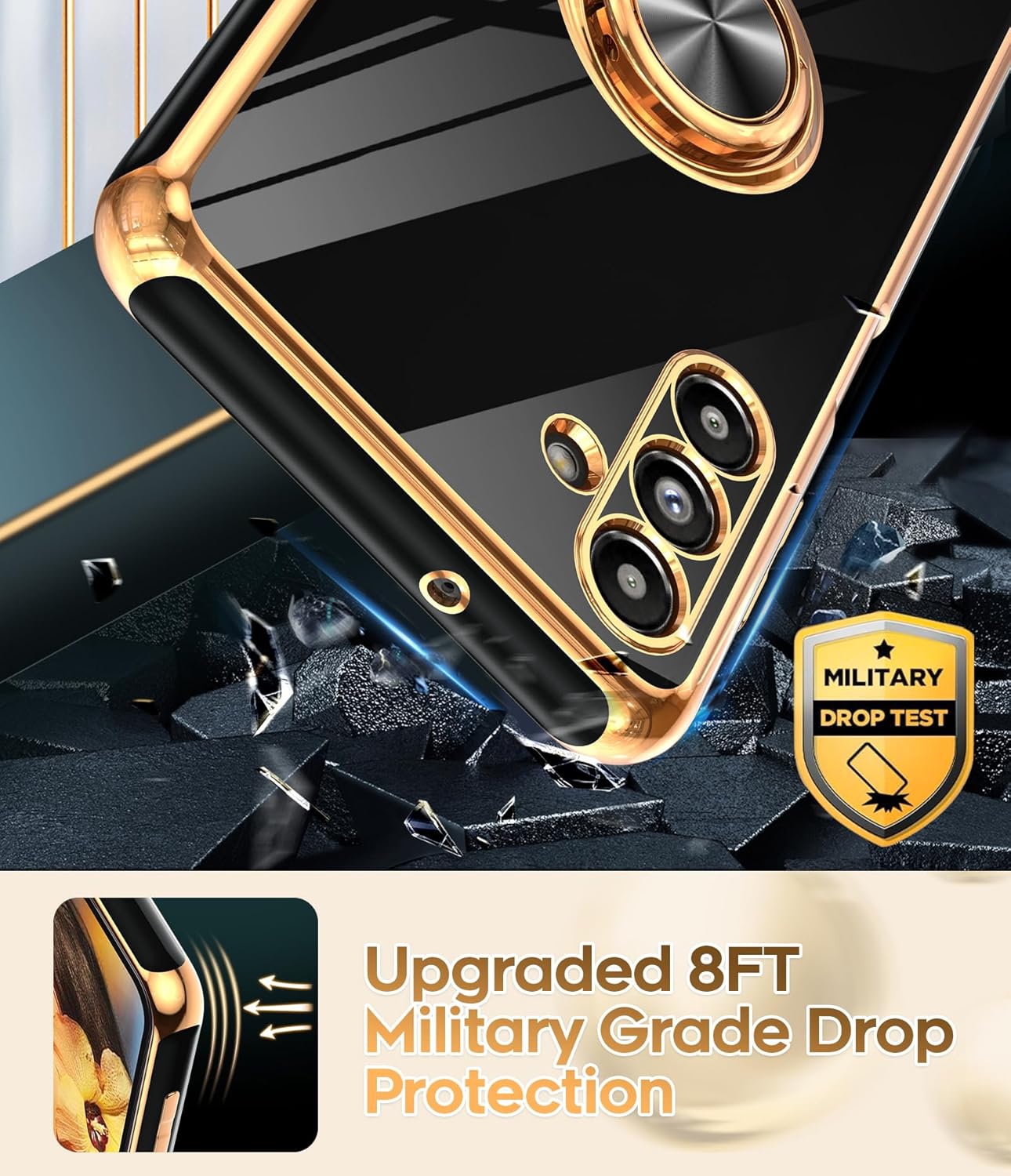 LeYi for Samsung Galaxy A13-5G Phone Case: Tempered Glass Screen Protector, 360° Rotatable Ring Holder Magnetic Kickstand, Plating Rose Gold Edge Protective Case, Black