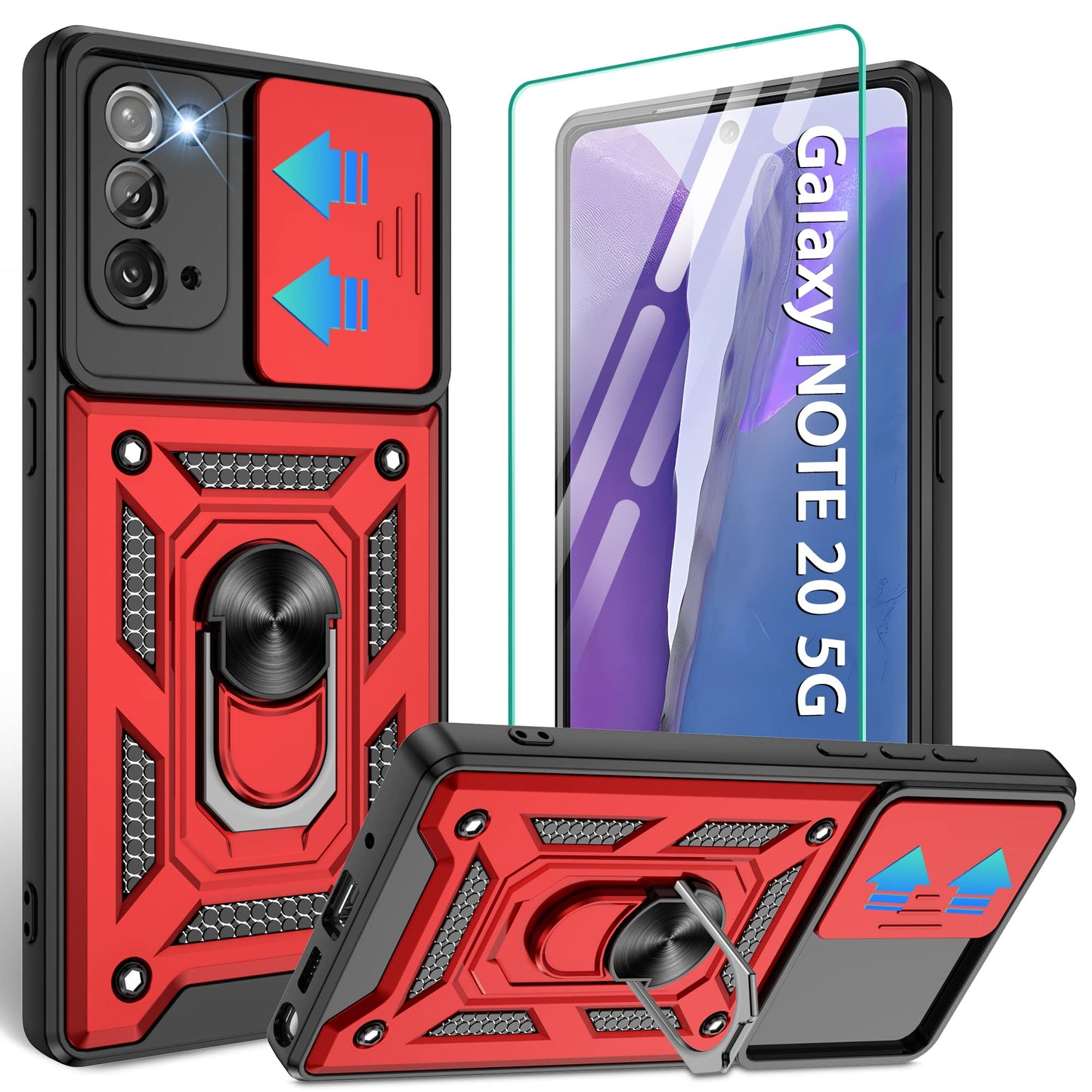 for Samsung Galaxy Note20 Case with Slide Camera Cover, Military-Grade Protection, 360 Rotating Kickstand, Includes 1 Pack HD Screen Protectors丨Black