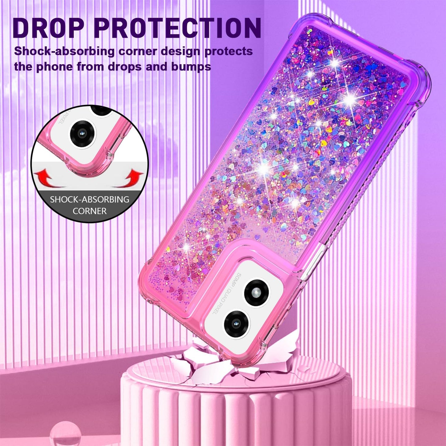 for Moto G Play 2024 Case with Screen Protector, Cute Women Girls Glitter Bling Liquid Floating Phone Case Slim TPU Soft Silicone Shockproof Girly Cover for Motorola G Play 2024 -Pink Purple