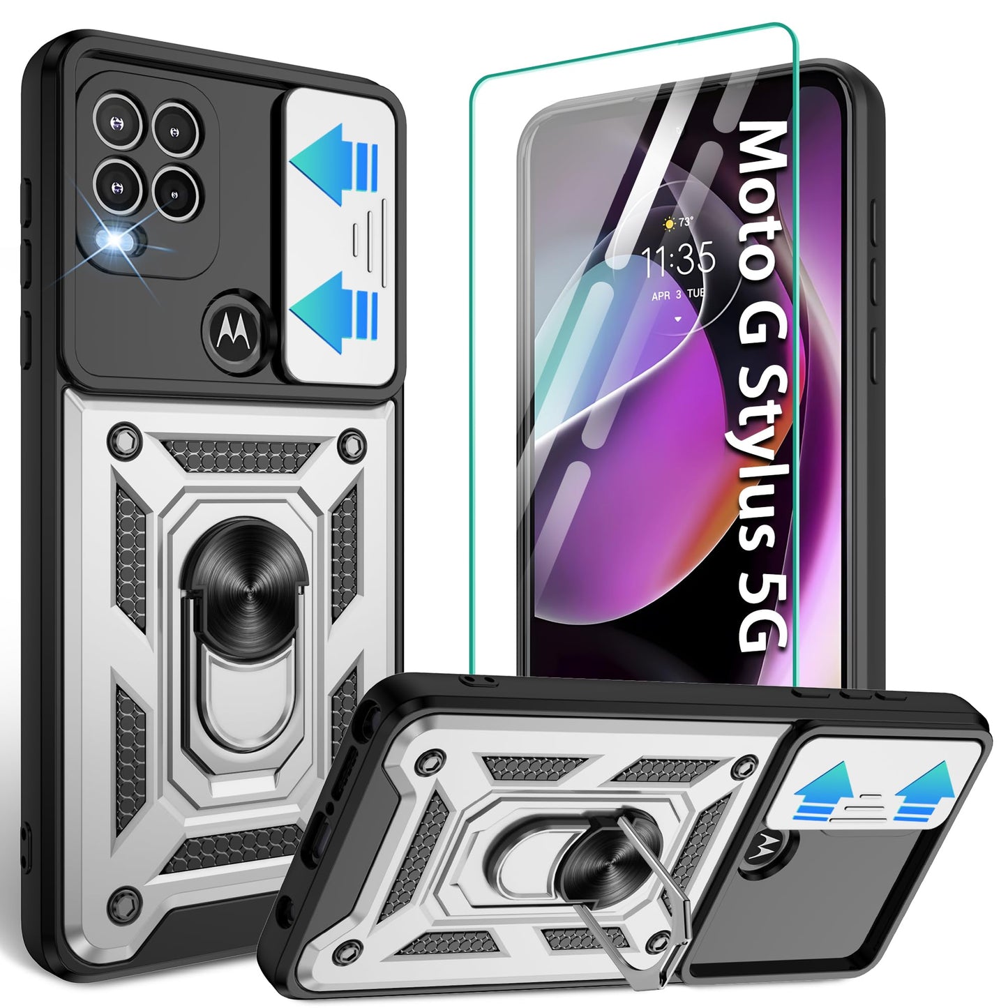 Gritup for Moto G Stylus 5G-2023 Case with Slide Camera Cover | 2-Pack HD Screen Protectors | 360° Rotating Metal Kickstand | MIL-Grade Shockproof Protection,Black