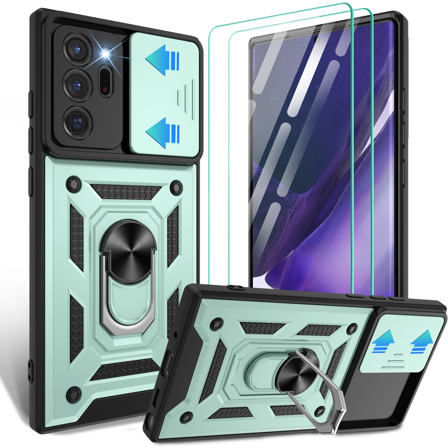 for Samsung Galaxy Note20 Case with Slide Camera Cover, Military-Grade Protection, 360 Rotating Kickstand, Includes 1 Pack HD Screen Protectors丨Black