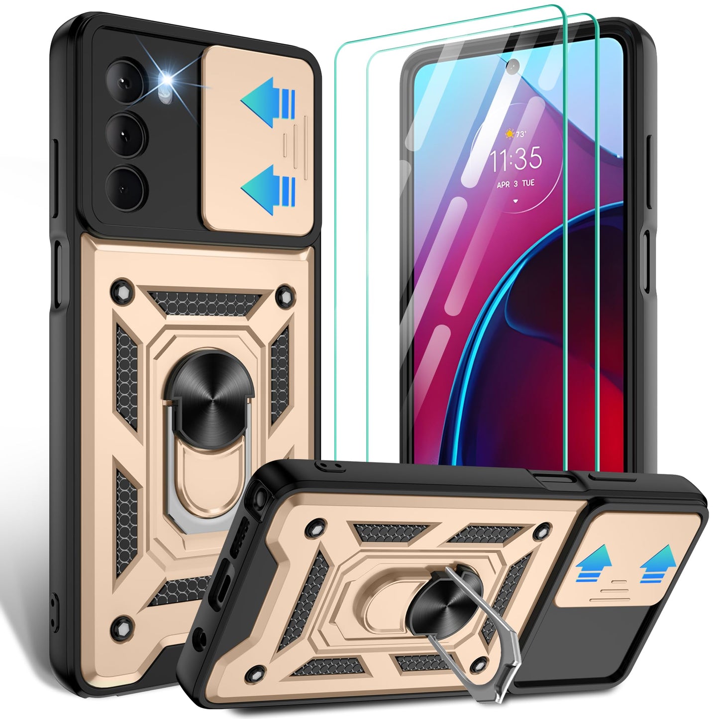 Gritup for Moto G Stylus 5G-2023 Case with Slide Camera Cover | 2-Pack HD Screen Protectors | 360° Rotating Metal Kickstand | MIL-Grade Shockproof Protection,Black