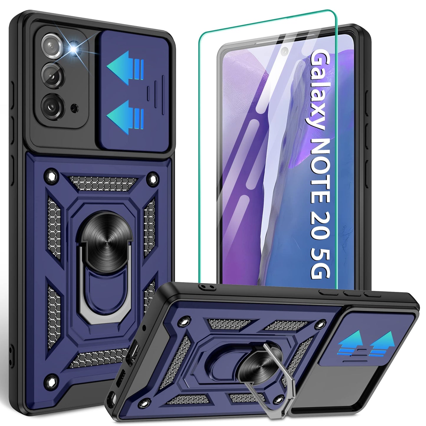 for Samsung Galaxy Note20 Case with Slide Camera Cover, Military-Grade Protection, 360 Rotating Kickstand, Includes 1 Pack HD Screen Protectors丨Black