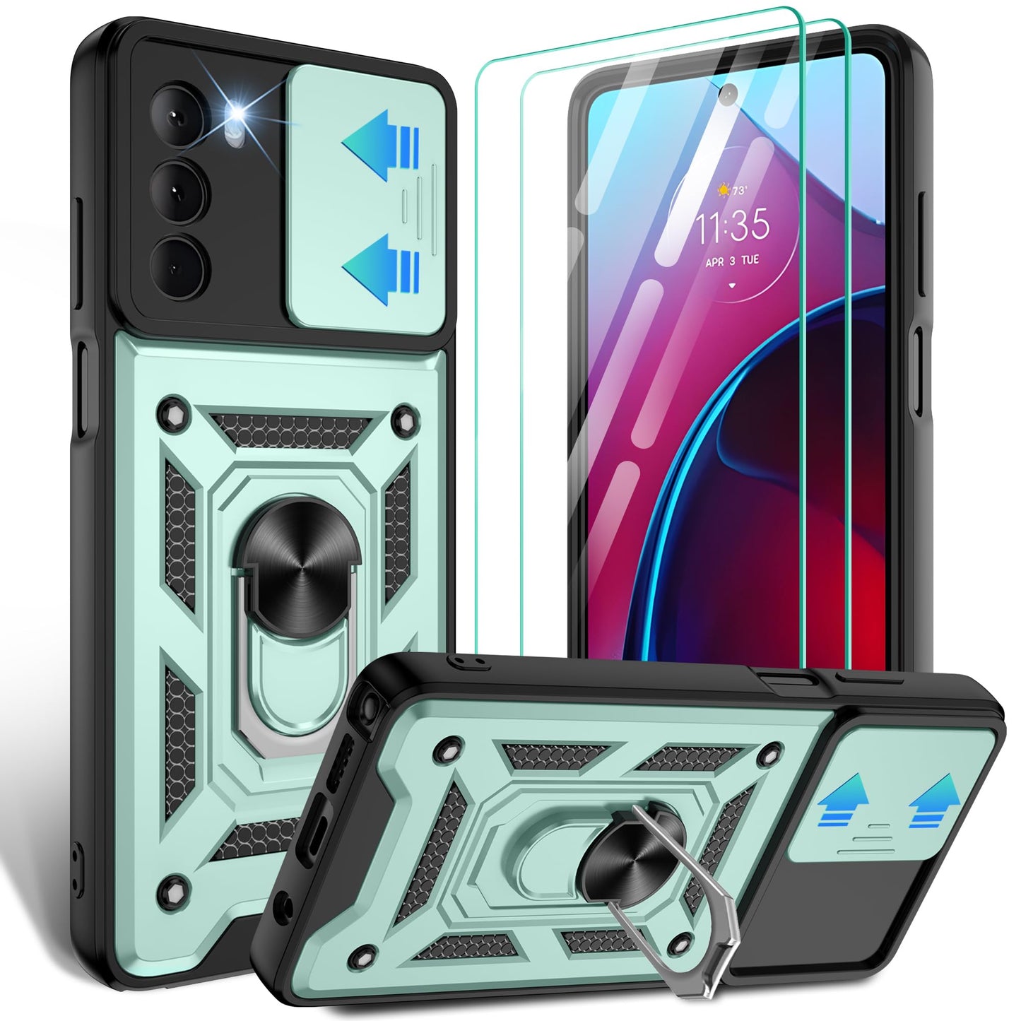 Gritup for Moto G Stylus 5G-2023 Case with Slide Camera Cover | 2-Pack HD Screen Protectors | 360° Rotating Metal Kickstand | MIL-Grade Shockproof Protection,Black