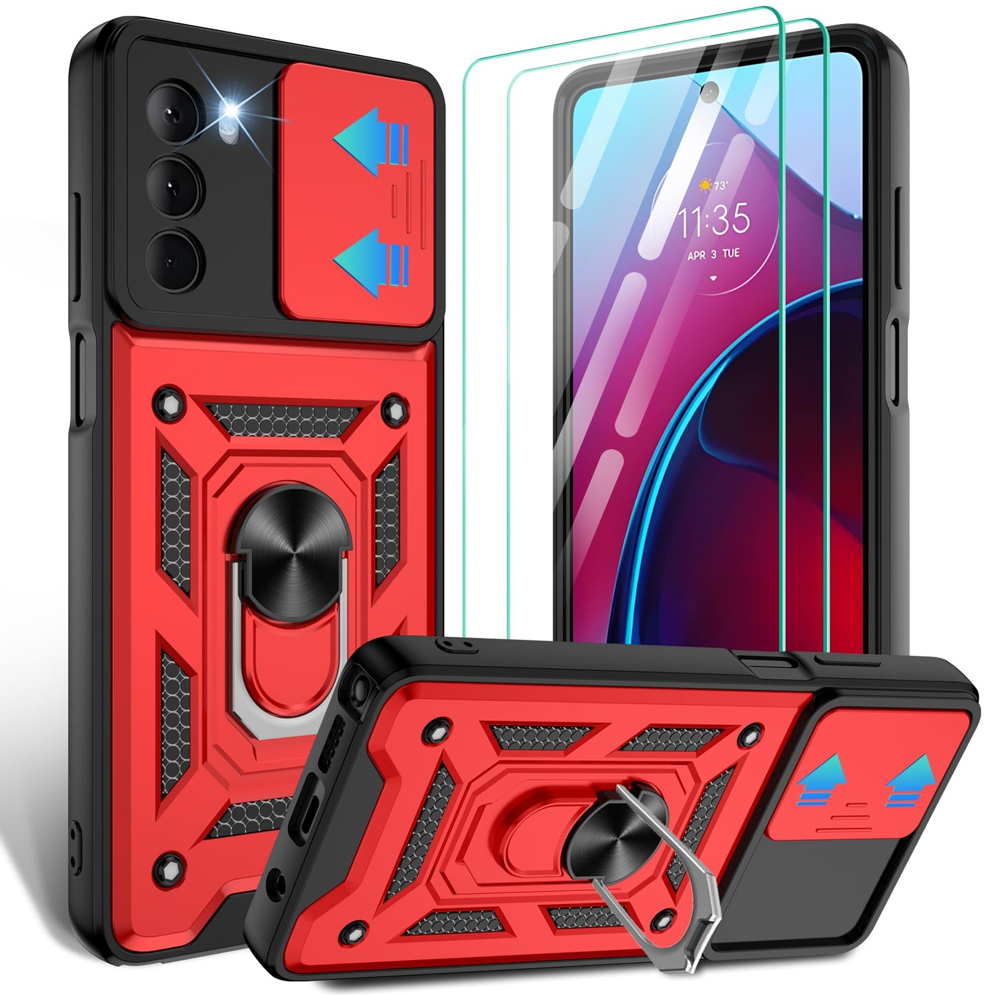 Gritup for Moto G Stylus 5G-2023 Case with Slide Camera Cover | 2-Pack HD Screen Protectors | 360° Rotating Metal Kickstand | MIL-Grade Shockproof Protection,Black
