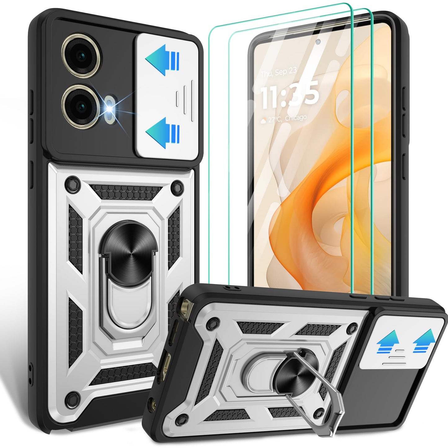 Gritup for Moto G Stylus 5G-2023 Case with Slide Camera Cover | 2-Pack HD Screen Protectors | 360° Rotating Metal Kickstand | MIL-Grade Shockproof Protection,Black