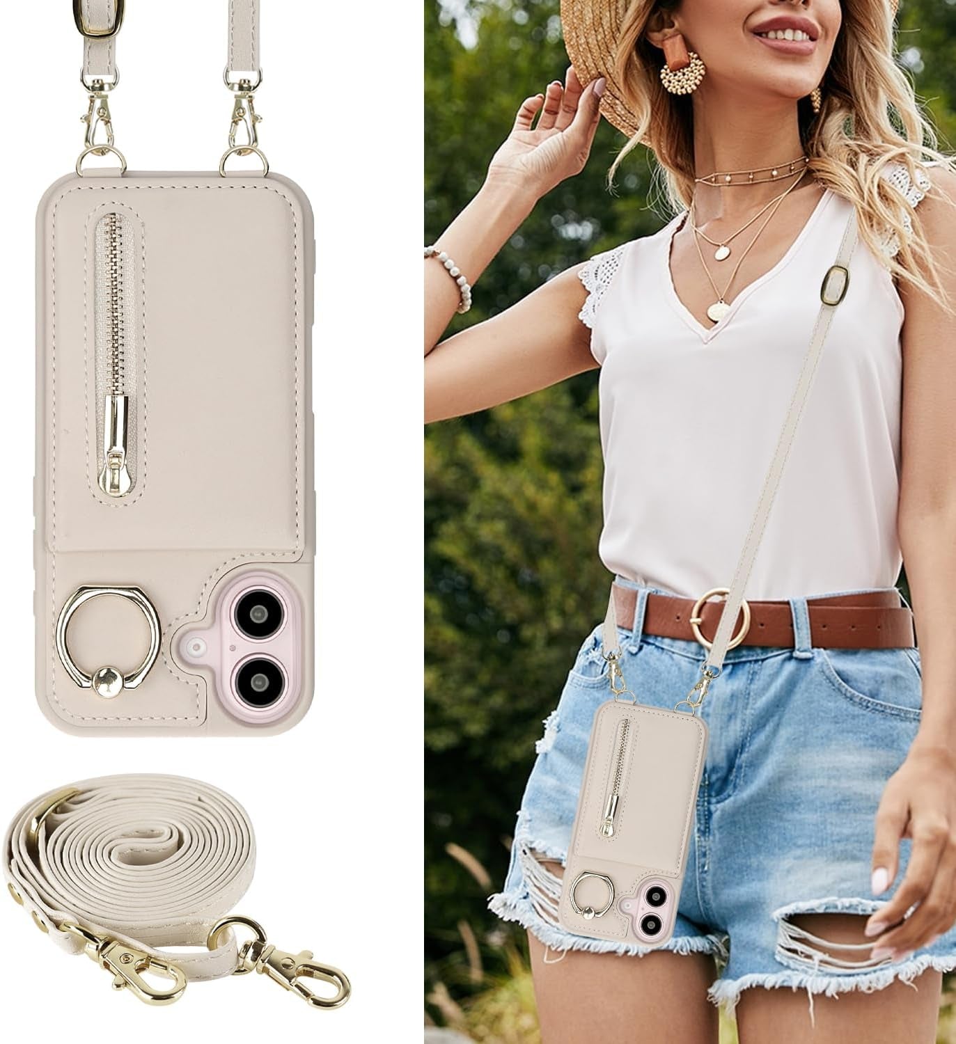 Crossbody Wallet Case for Iphone 16 Plus, with Card Slots Zipper Pocket Case, Flip Folio Purse RFID Blocking with Ring Kickstand Detachable Strap-Beige