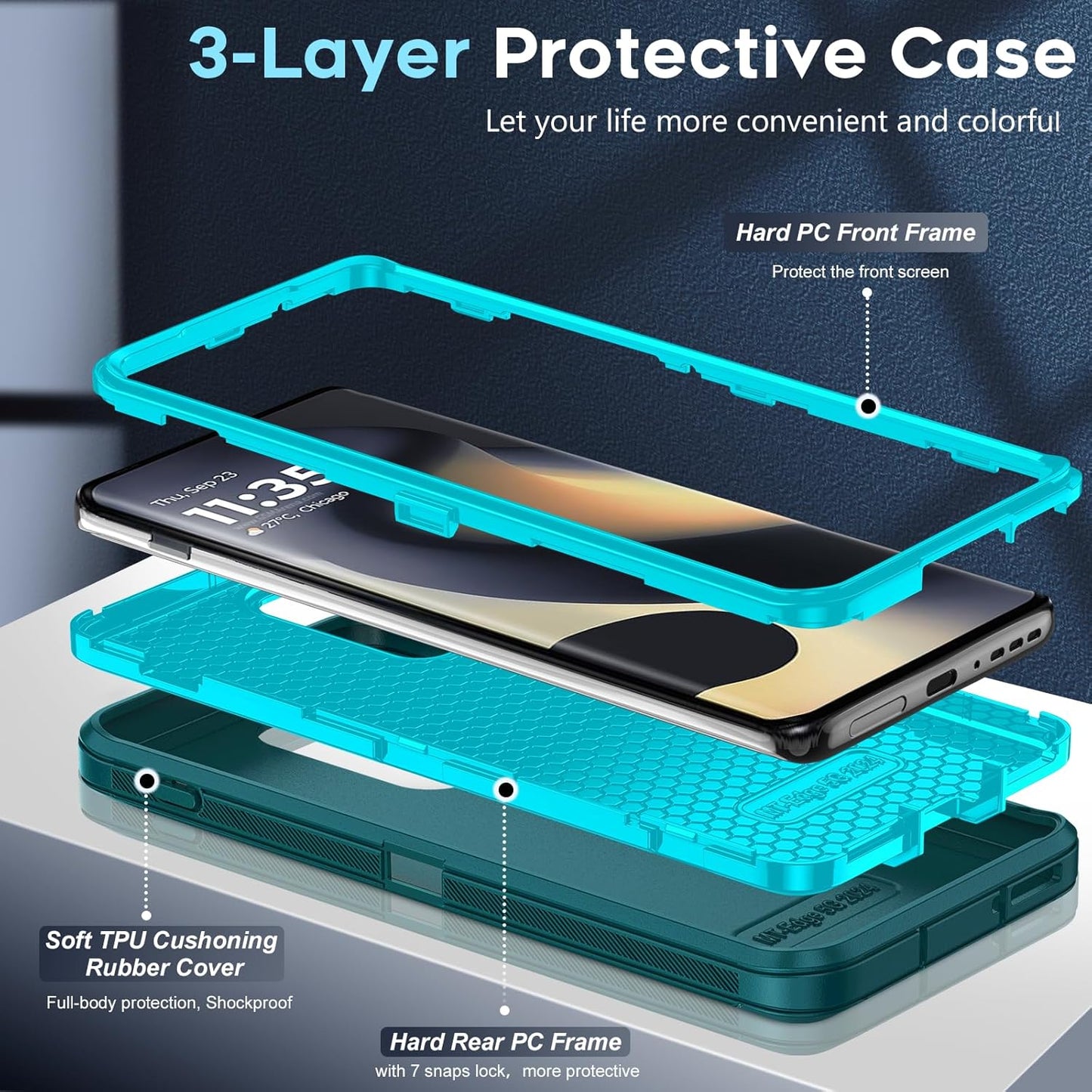 LeYi for Motorola-Edge-2024 Case: Moto Edge-2024 Cover【NOT FIT Edge 50/ G 5G 2024】 3 in 1 Rugged, Military Grade Dust Drop Shockproof Protective Cell Phone Android Funda para Edge2024 6.6", Teal
