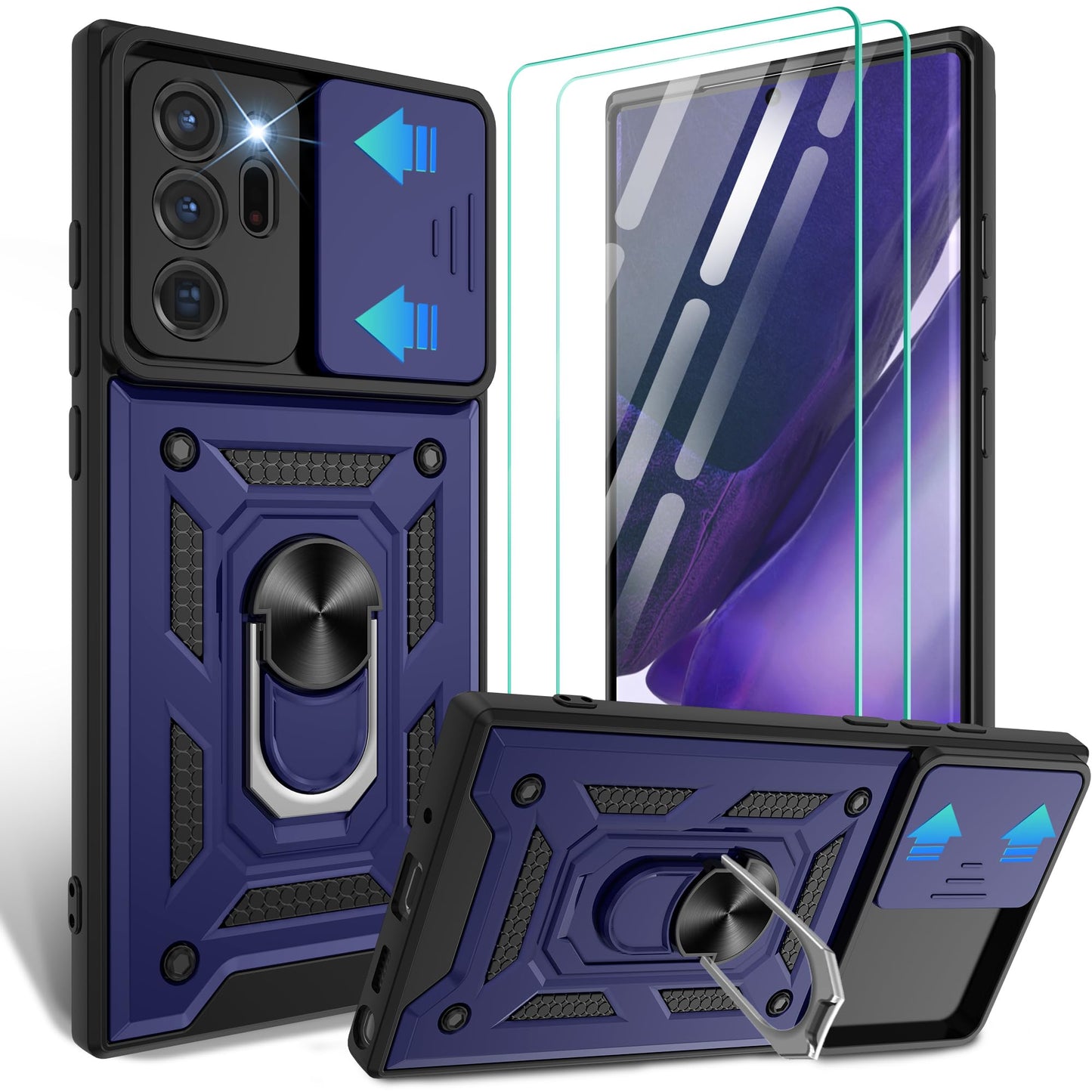 for Samsung Galaxy Note20 Case with Slide Camera Cover, Military-Grade Protection, 360 Rotating Kickstand, Includes 1 Pack HD Screen Protectors丨Black