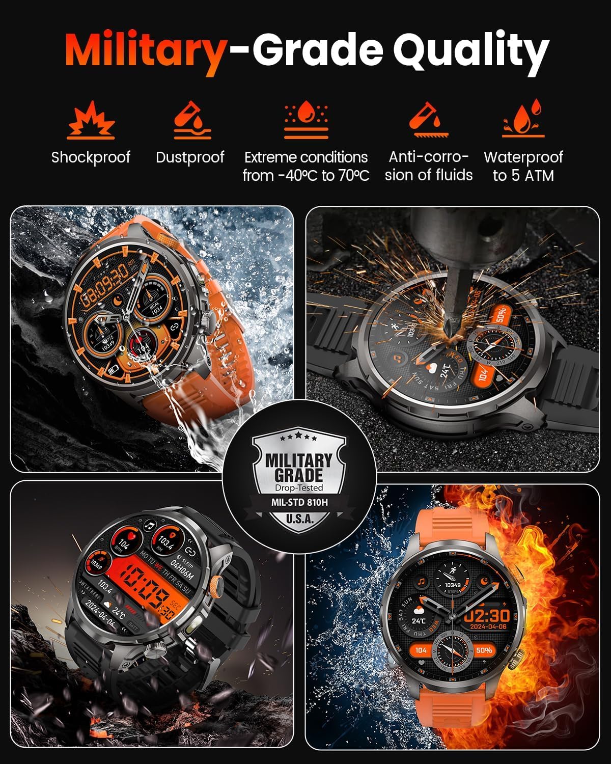 Military Smart Watches for Men, Smart Watch with 100 Days Battery/Flashlight/Heart Rate/Sleep/SpO2 Monitor/Calling/110+ Sports Mode, 5 ATM Rugged Men's Fitness Tracker Watch for Android iPhone(Black)