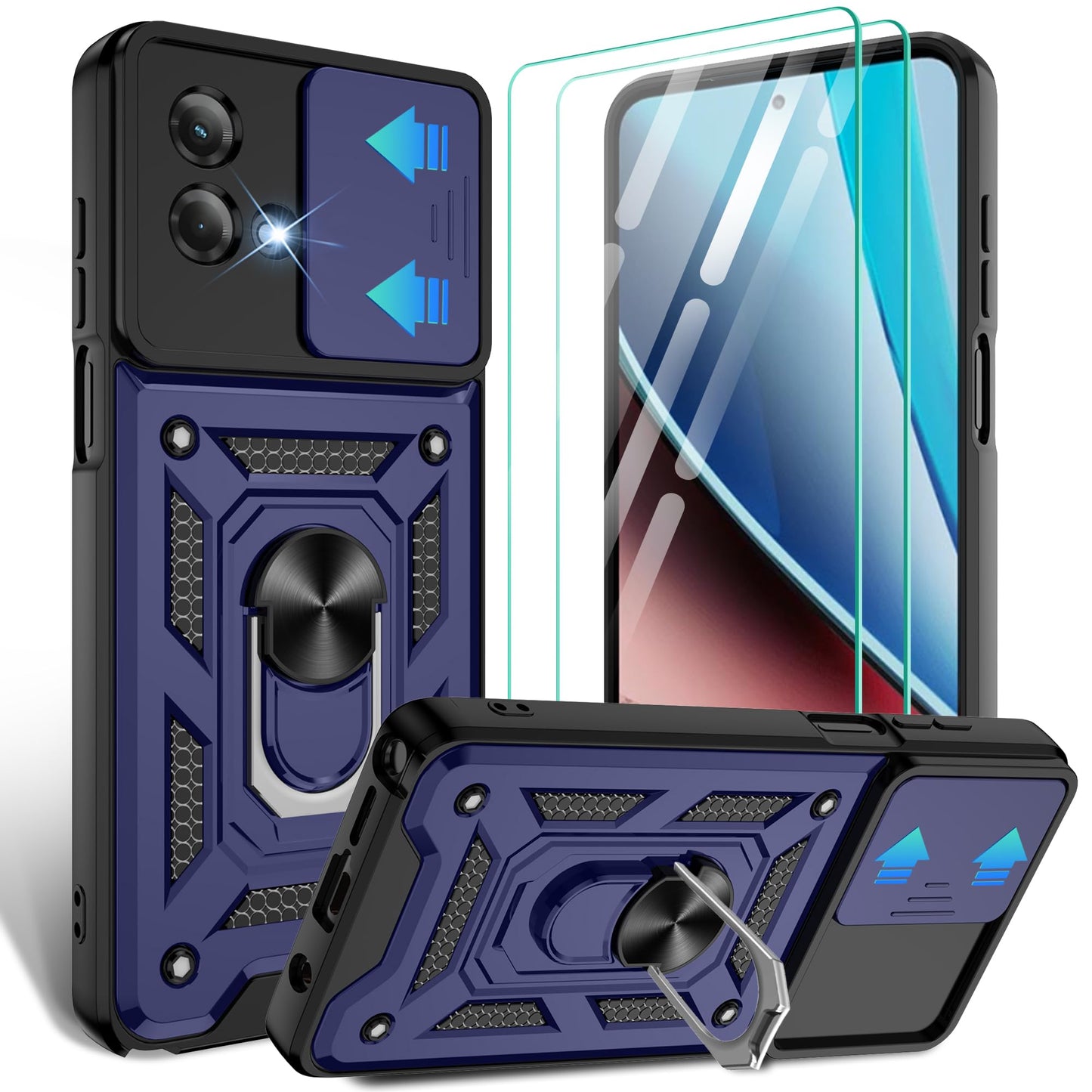 Gritup for Moto G Stylus 5G-2023 Case with Slide Camera Cover | 2-Pack HD Screen Protectors | 360° Rotating Metal Kickstand | MIL-Grade Shockproof Protection,Black