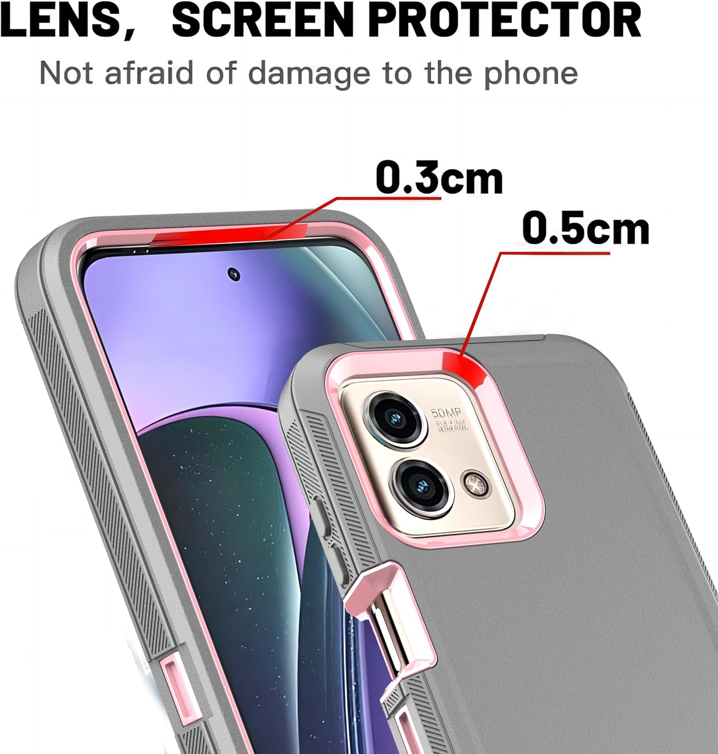YmhxcY Moto G Stylus 5G (2023) Case - 3-in-1 Heavy Duty Rubber Protection Cover,Military Grade Shockproof Secure Layered Moto G Stylus 5G (2023) Phone Case-Grey/Pink