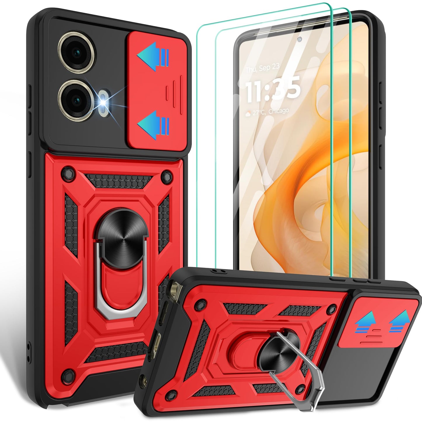 Gritup for Moto G Stylus 5G-2023 Case with Slide Camera Cover | 2-Pack HD Screen Protectors | 360° Rotating Metal Kickstand | MIL-Grade Shockproof Protection,Black