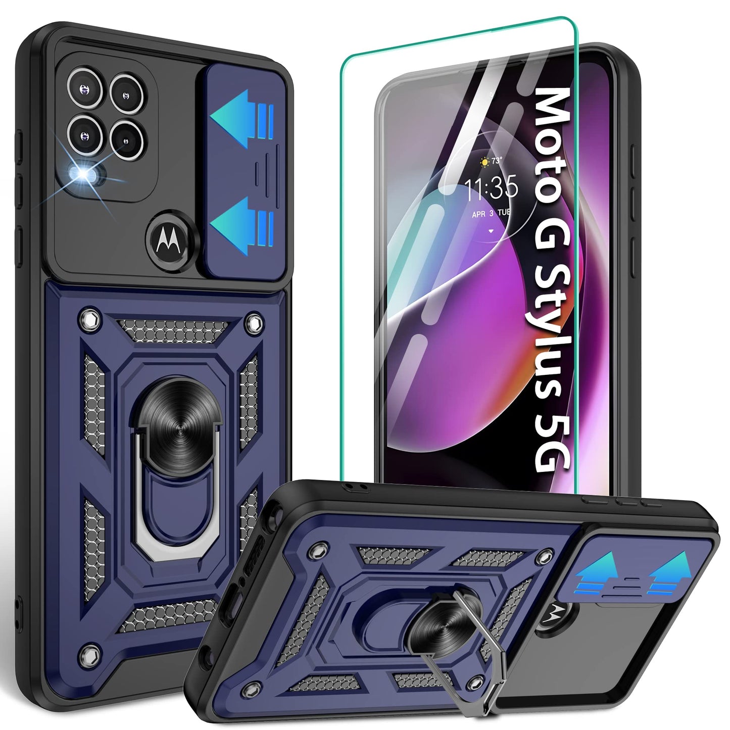 Gritup for Moto G Stylus 5G-2023 Case with Slide Camera Cover | 2-Pack HD Screen Protectors | 360° Rotating Metal Kickstand | MIL-Grade Shockproof Protection,Black