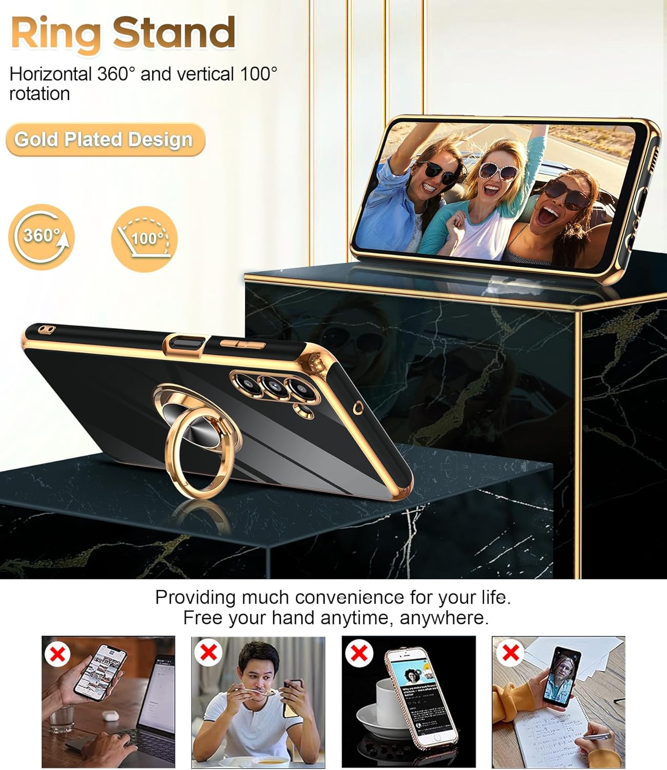 LeYi for Samsung Galaxy A13-5G Phone Case: Tempered Glass Screen Protector, 360° Rotatable Ring Holder Magnetic Kickstand, Plating Rose Gold Edge Protective Case, Black
