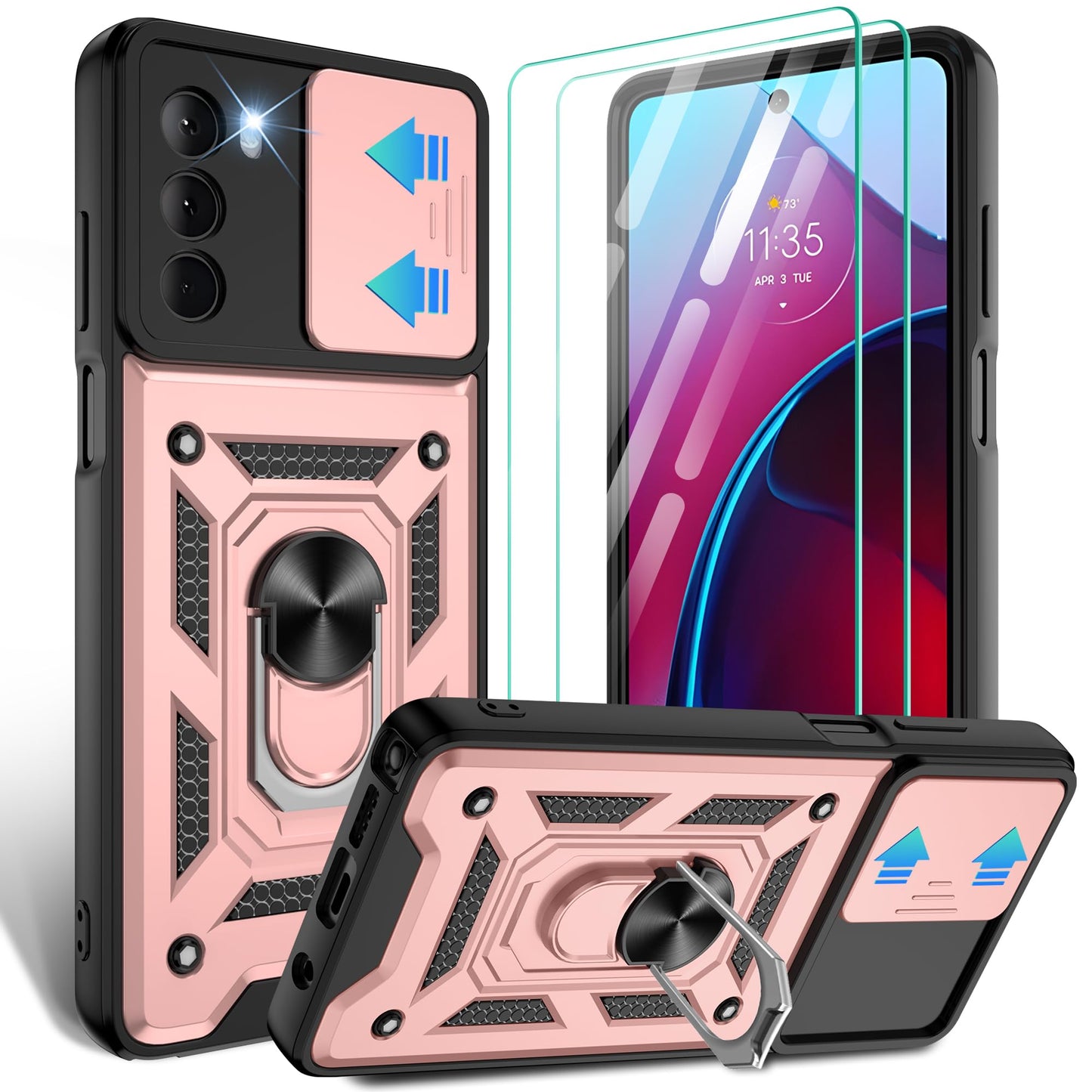 Gritup for Moto G Stylus 5G-2023 Case with Slide Camera Cover | 2-Pack HD Screen Protectors | 360° Rotating Metal Kickstand | MIL-Grade Shockproof Protection,Black