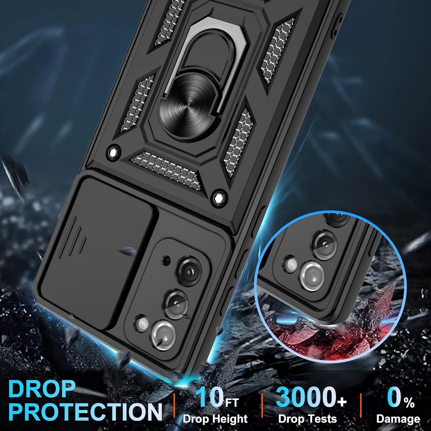 for Samsung Galaxy Note20 Case with Slide Camera Cover, Military-Grade Protection, 360 Rotating Kickstand, Includes 1 Pack HD Screen Protectors丨Black