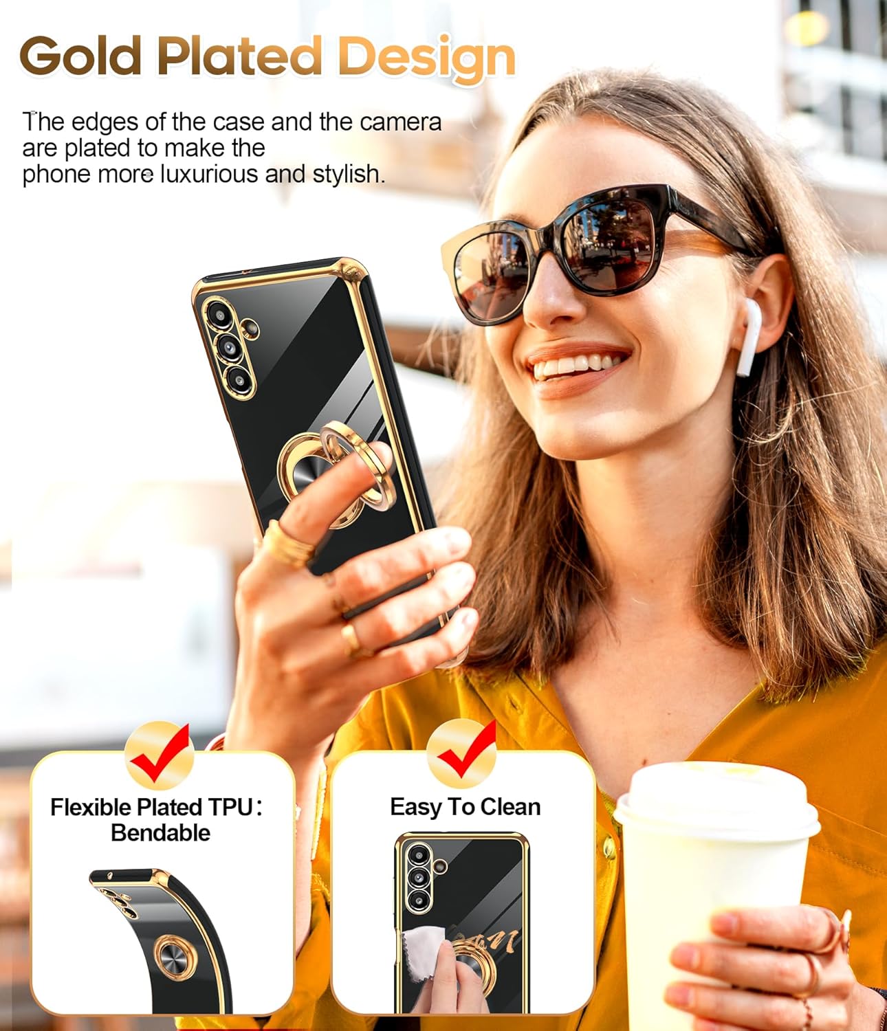 LeYi for Samsung Galaxy A13-5G Phone Case: Tempered Glass Screen Protector, 360° Rotatable Ring Holder Magnetic Kickstand, Plating Rose Gold Edge Protective Case, Black