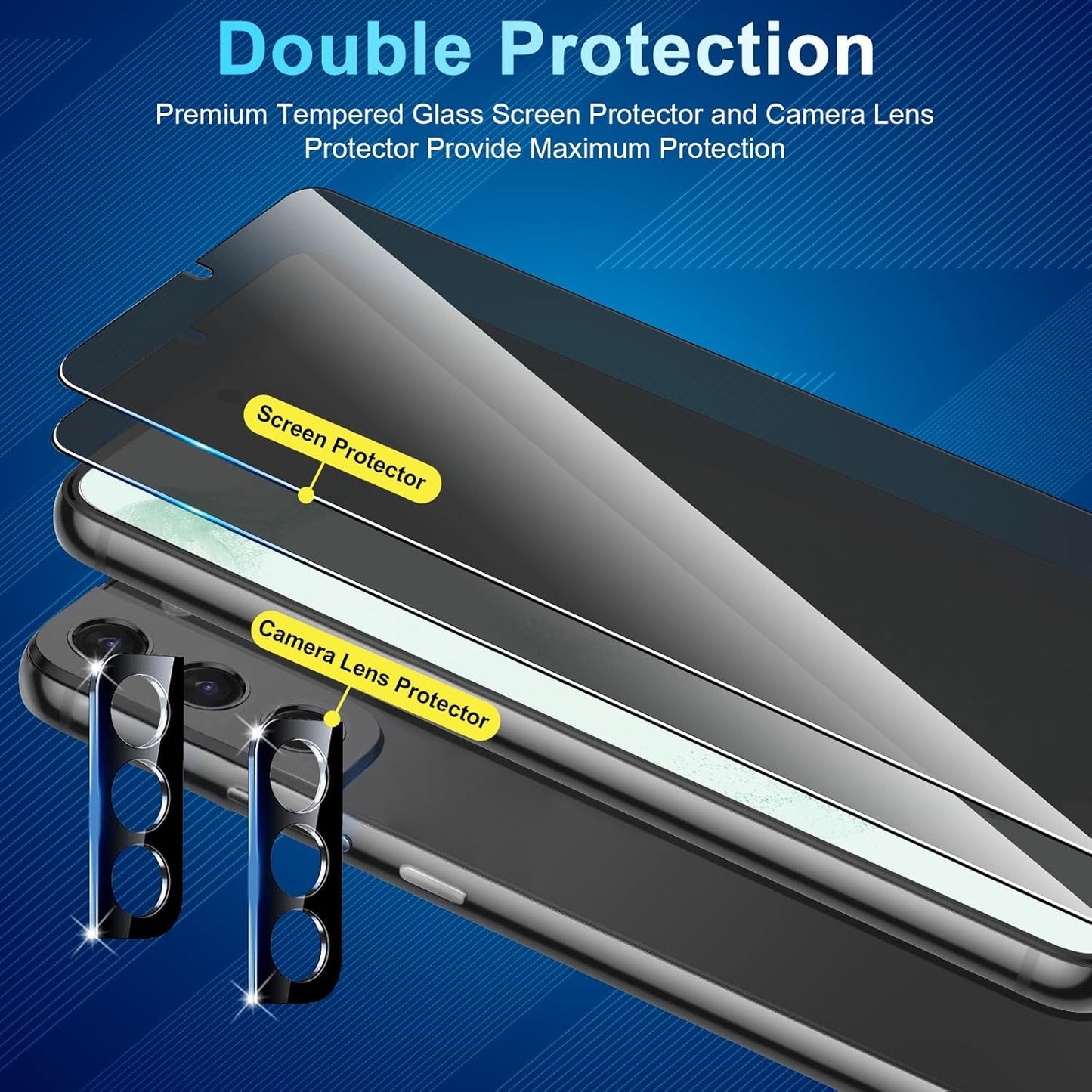 [2+2 Pack Privacy Screen Protector Compatible with Galaxy S22 Plus 5G, 2 Tempered Glass with 2 Camera Lens Protectors - HD Clear - Bubble-Free - Anti-Spy - Scratch Resistant