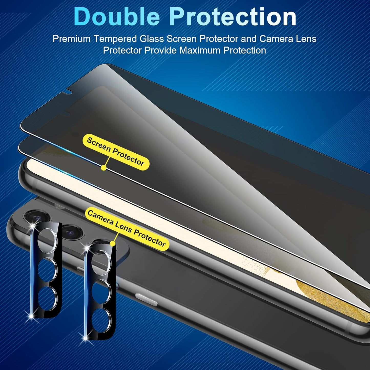2+2 Pack Privacy Screen Protector Compatible with Galaxy S22 5G, 2 Tempered Glass with 2 Camera Lens Protectors - HD Clear - Bubble-Free - Anti-Spy - Scratch Resistant