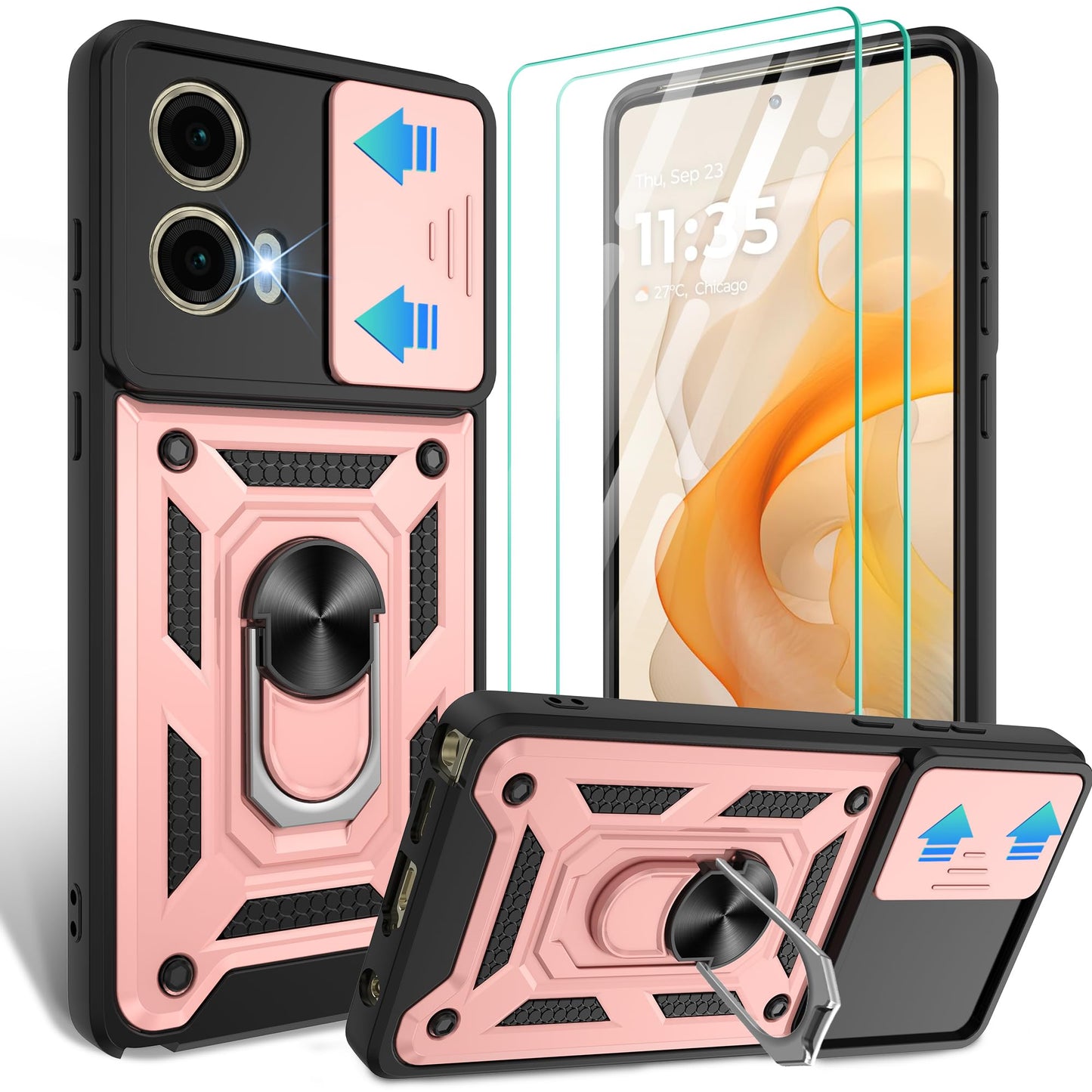 Gritup for Moto G Stylus 5G-2023 Case with Slide Camera Cover | 2-Pack HD Screen Protectors | 360° Rotating Metal Kickstand | MIL-Grade Shockproof Protection,Black