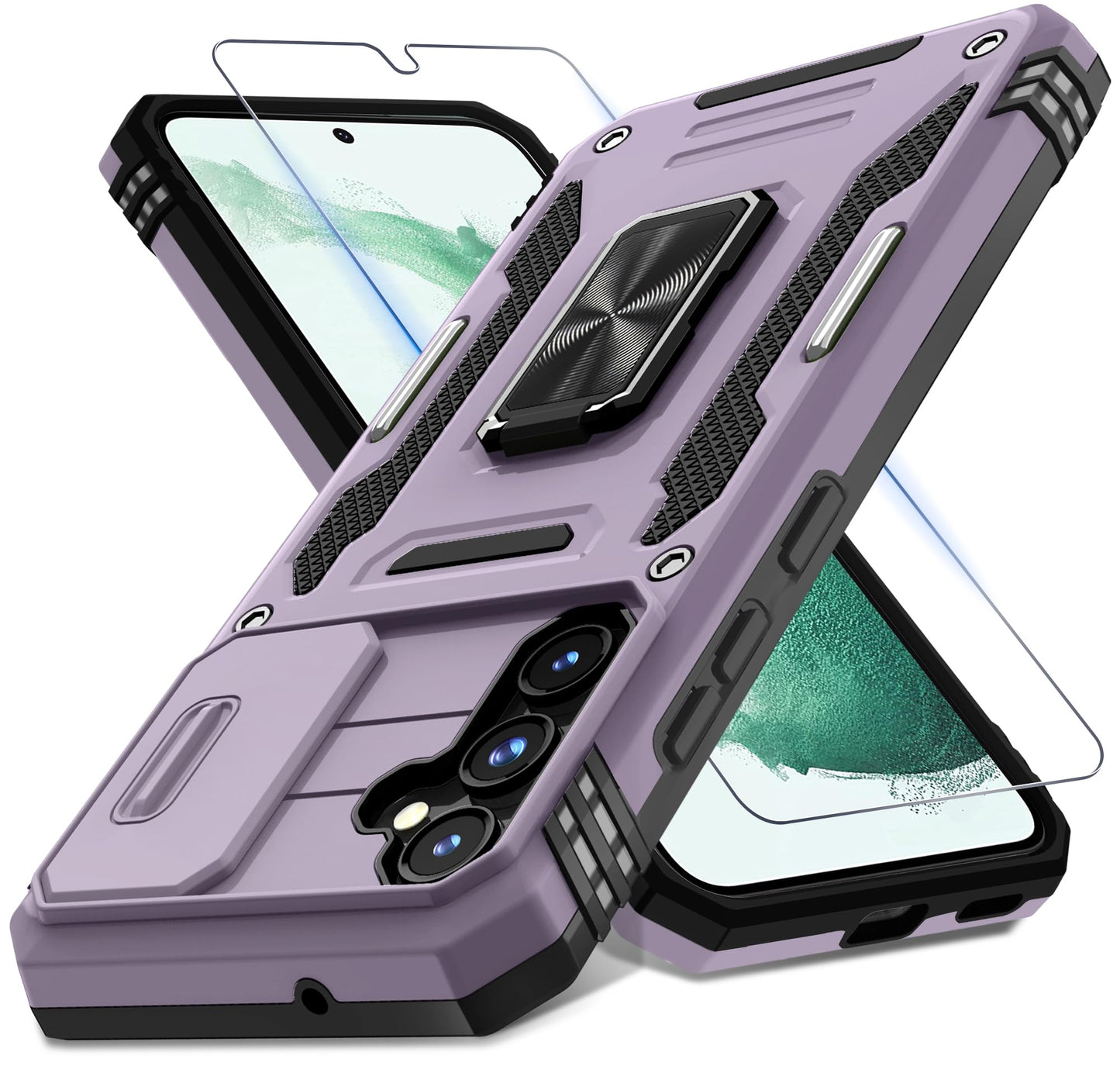 DEERLAMN Case for Samsung Galaxy S23 FE 6.4-Inch with Slide Camera Cover+Screen Protector(1 Pack),Rotated Ring Kickstand Military Grade Shockproof Protective Cover-Black