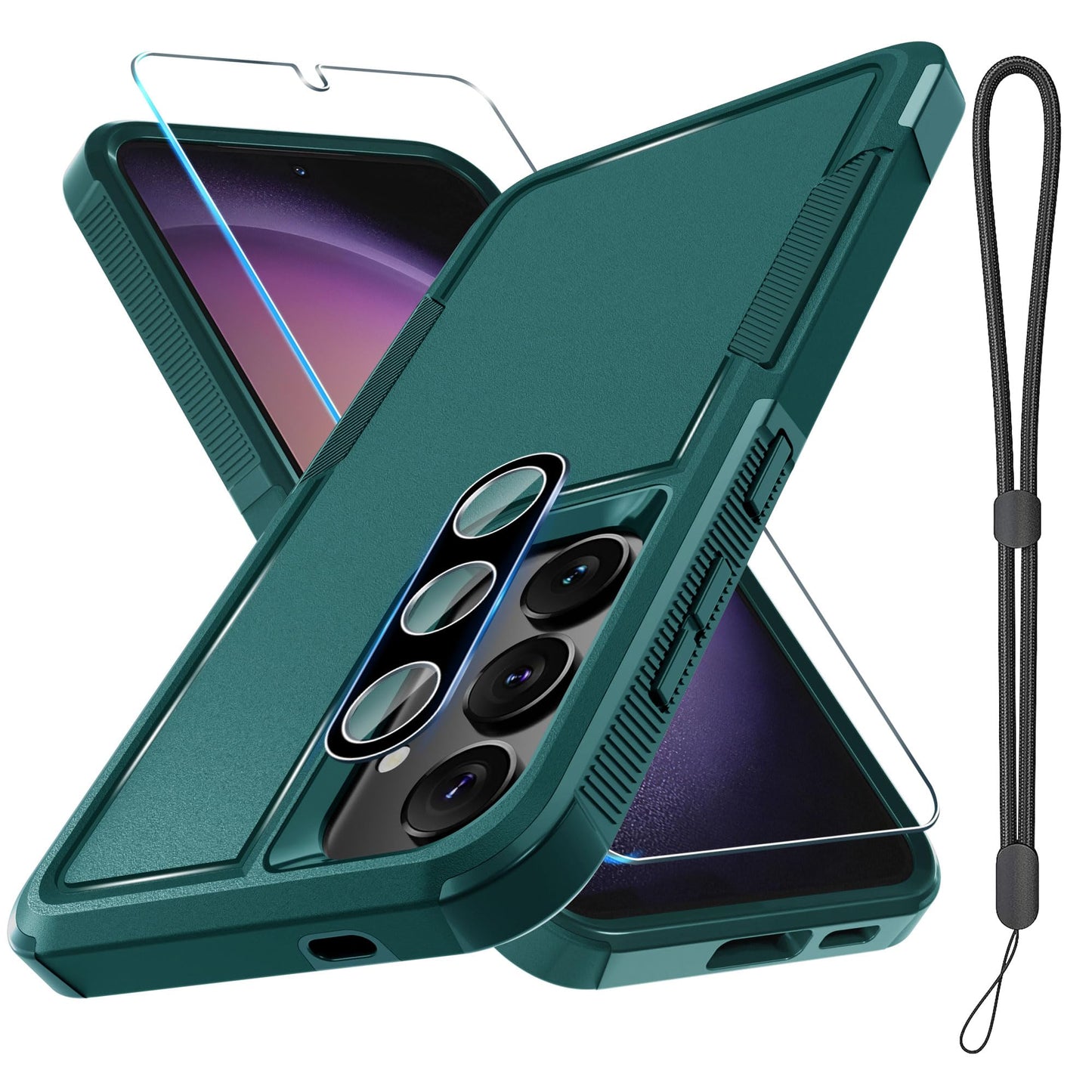 RMOCR Case for Samsung Galaxy S24 FE, Full Body Heavy Duty Rugged Shockproof Protective Phone Cover with Lanyard Strap, Tempered Glass Screen Protector and Camera Lens Cover, Mint Green