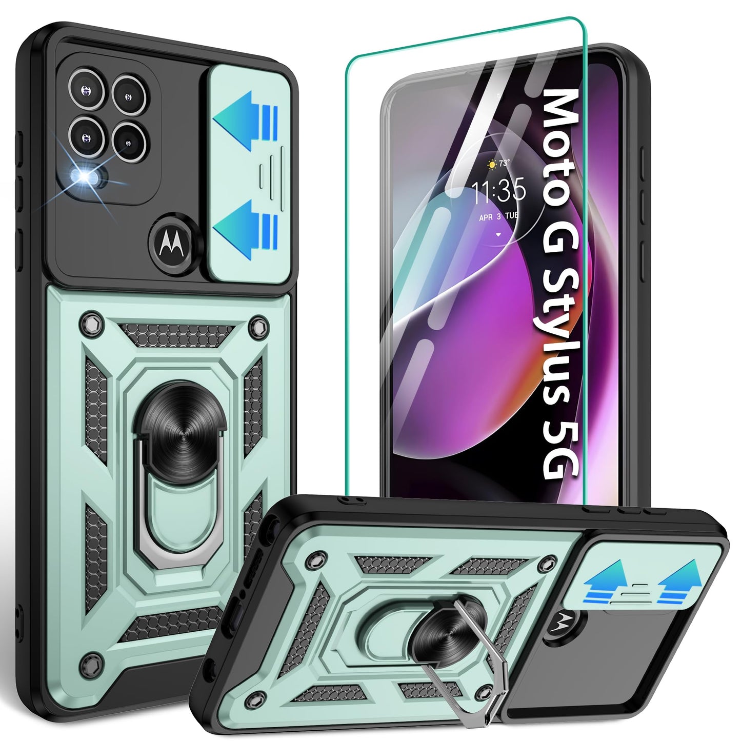 Gritup for Moto G Stylus 5G-2023 Case with Slide Camera Cover | 2-Pack HD Screen Protectors | 360° Rotating Metal Kickstand | MIL-Grade Shockproof Protection,Black