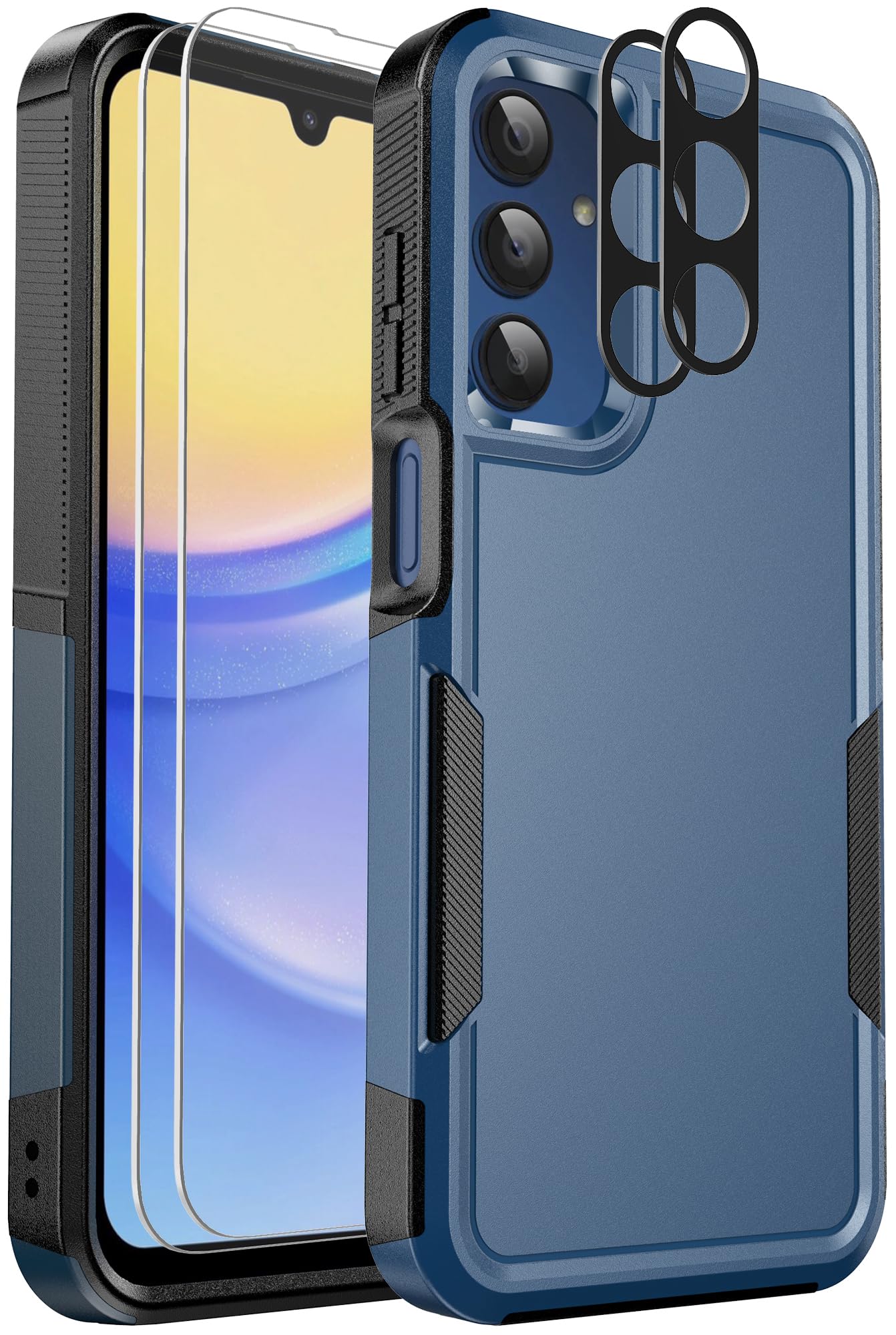 Ezanmull Phone Case for Samsung Galaxy A15 5G Black | 15 FT Military Grade Drop Protection, Glass Screen Protector, Camera Lens Protector, Non-Slip, Shockproof Case