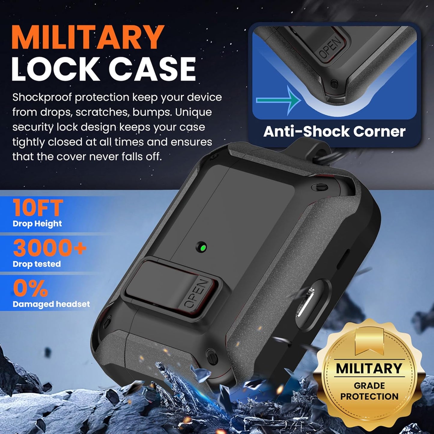 Compatible with AirPods Pro 3 Case Lock 2025, Shockproof AirPods iPod Pro 3rd Generation Protective Case Cover for Men Women with Cleaning Kit&Carabiner Black