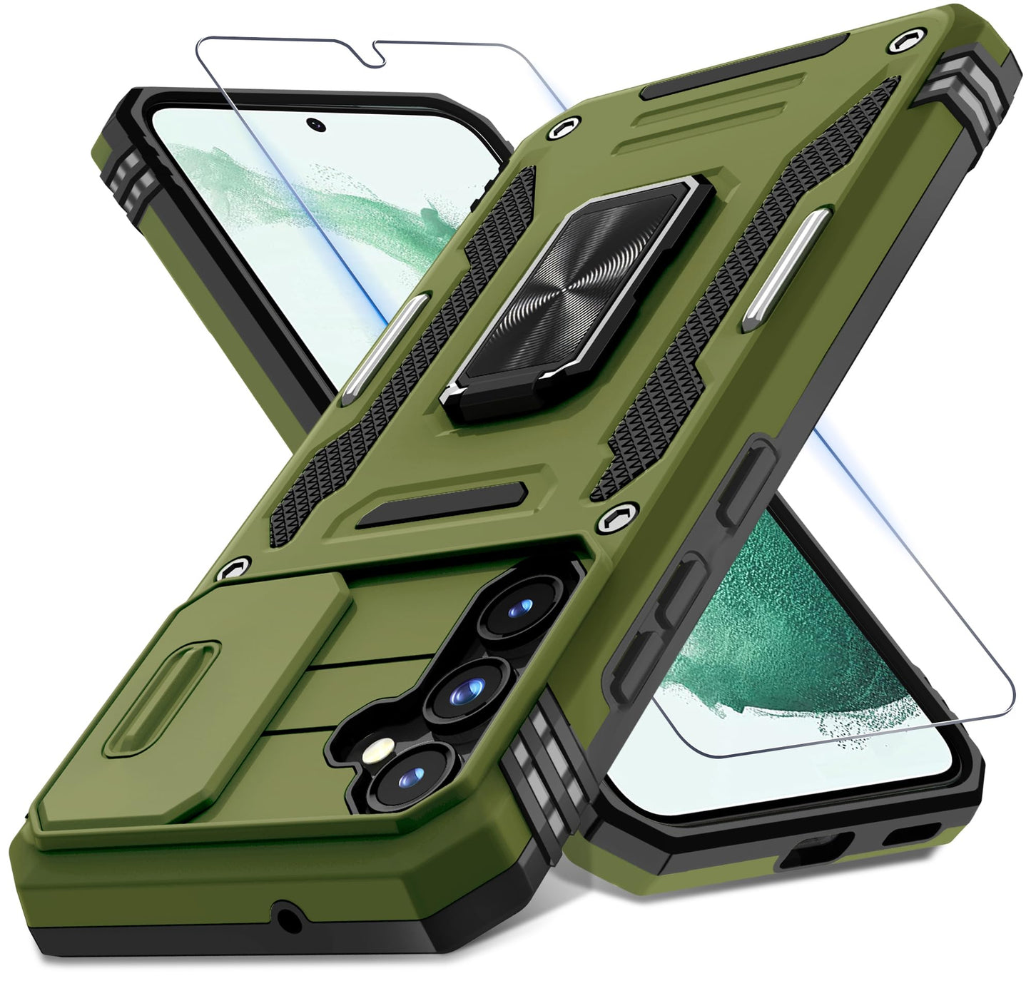 DEERLAMN Case for Samsung Galaxy S23 FE 6.4-Inch with Slide Camera Cover+Screen Protector(1 Pack),Rotated Ring Kickstand Military Grade Shockproof Protective Cover-Black