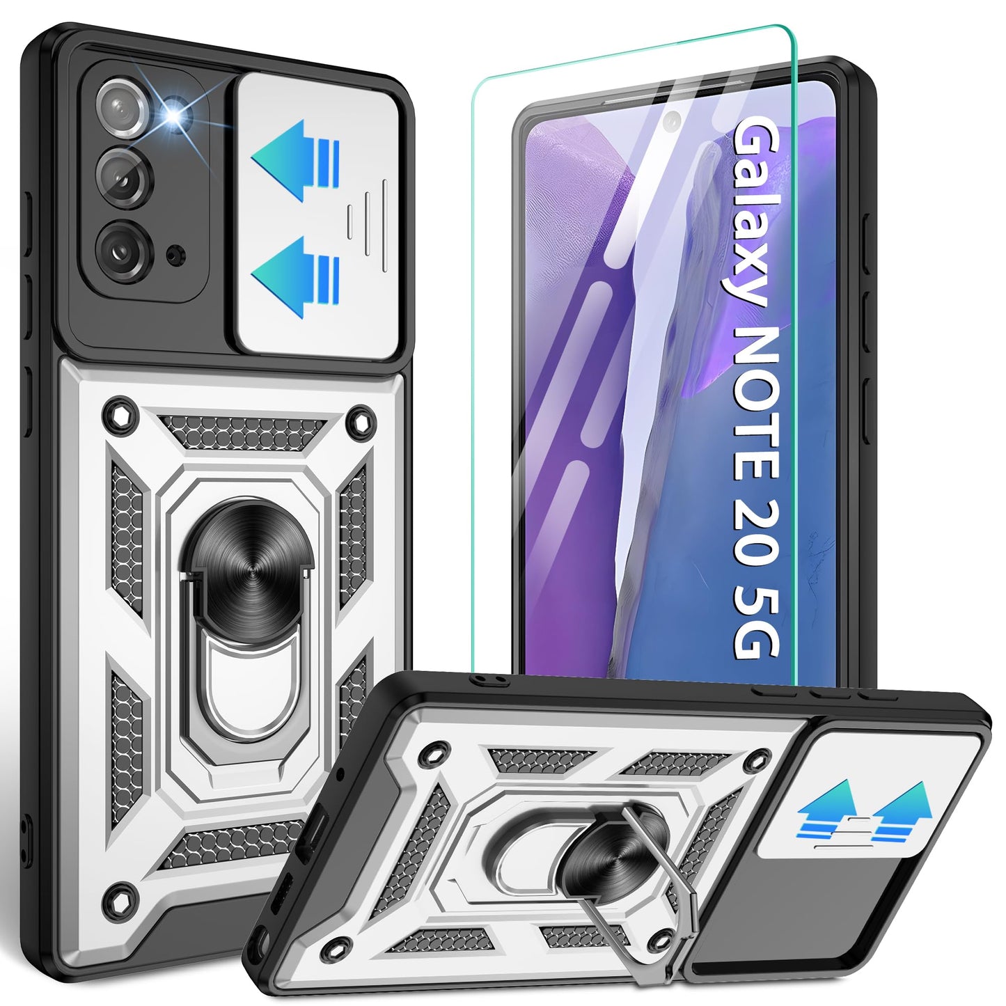 for Samsung Galaxy Note20 Case with Slide Camera Cover, Military-Grade Protection, 360 Rotating Kickstand, Includes 1 Pack HD Screen Protectors丨Black