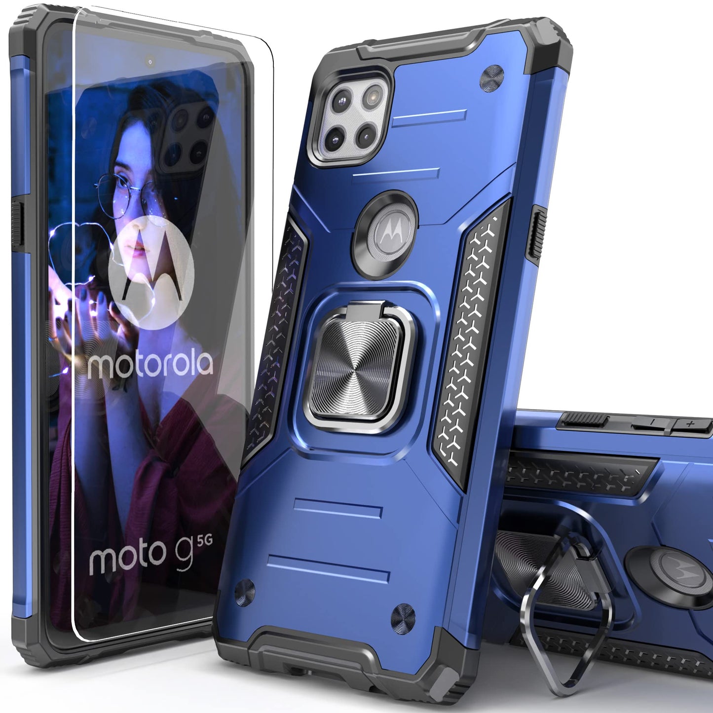 for Moto G 2025/Moto G 2026 Case with Screen Protector,Shock Absorption Heavy Duty Sturdy Drop Test Slim Fit Cover with Car Mount Kickstand Lightweight Protective Phone Case for Moto G 5G,Blue
