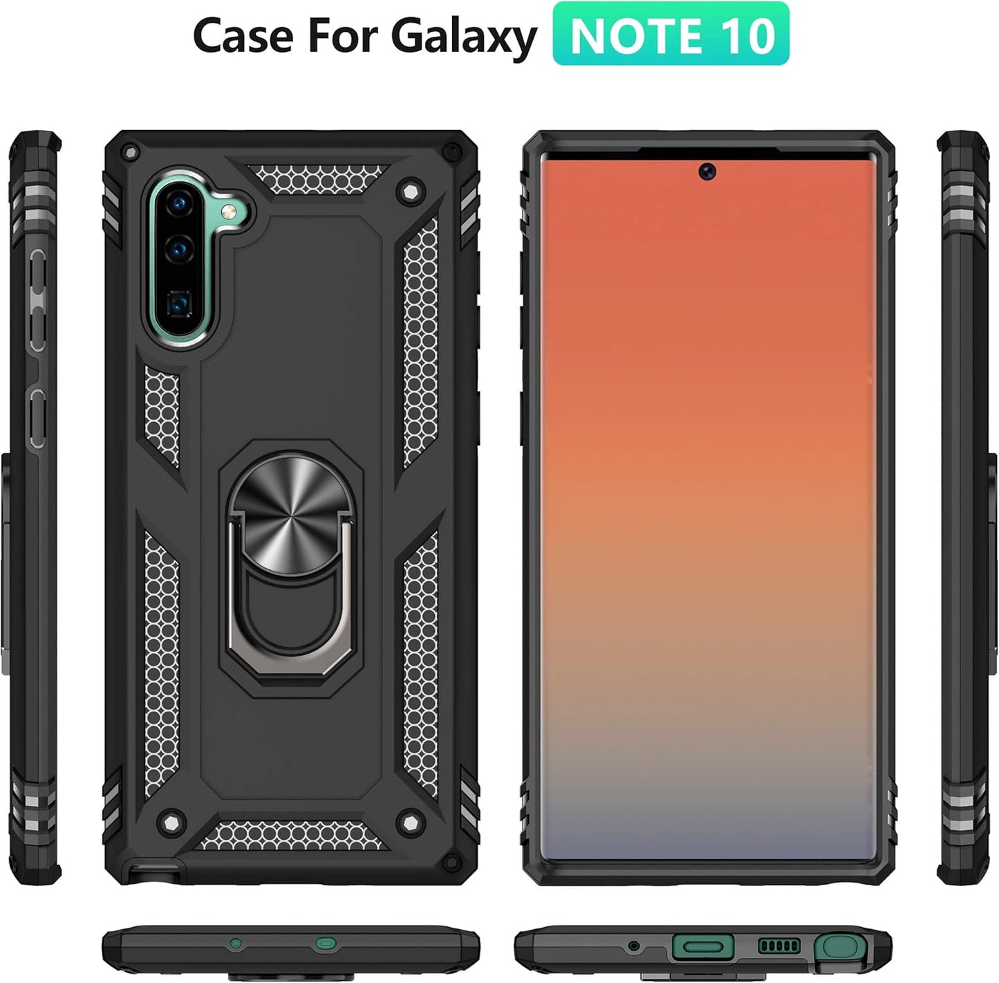 for Samsung Galaxy Note 10 Case, Note10 Case with HD Screen Protectors, Military-Grade Metal Ring Holder Kickstand 15ft Drop Tested Shockproof Cover Case for Samsung Note 10 (2019) Black