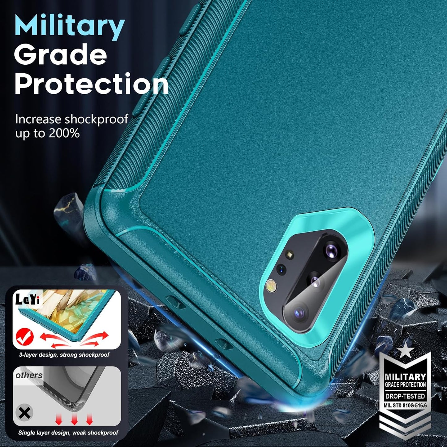 LeYi Compatible for Samsung Galaxy Note 10 Plus Case: Heavy Duty 3 in 1 Note 10 Plus Phone Case, Military Grade Shockproof Phone Case Cover for Samsung Note 10 Plus, Teal